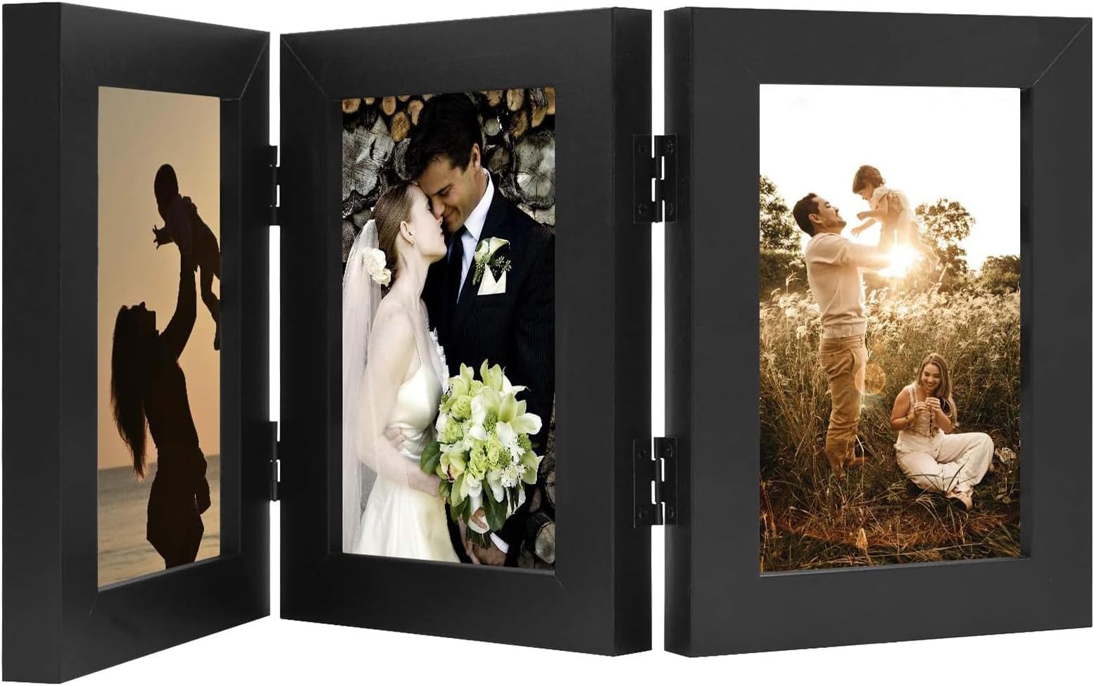 Golden State Art, Triple Hinged Table Desk Top Picture Photo Frame for 4x6 Photo, 3 Vertical Openings, with Real Glass (Black, 4x6 Triple Hinged Frame)