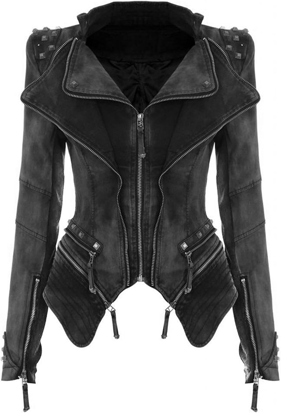 BAINASIQI Womens Punk Spike Studded Shoulder Vintage Denim Jacket Jeans Coat
