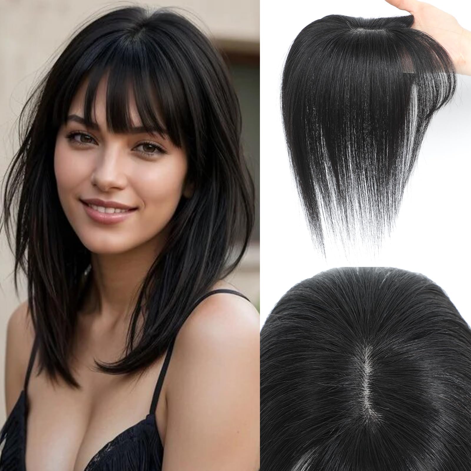Hair Toppers for Women Real Human Hair, 360° 3D Cover Wispy Bangs Hair Pieces for Women (Black, 2 Clips)
