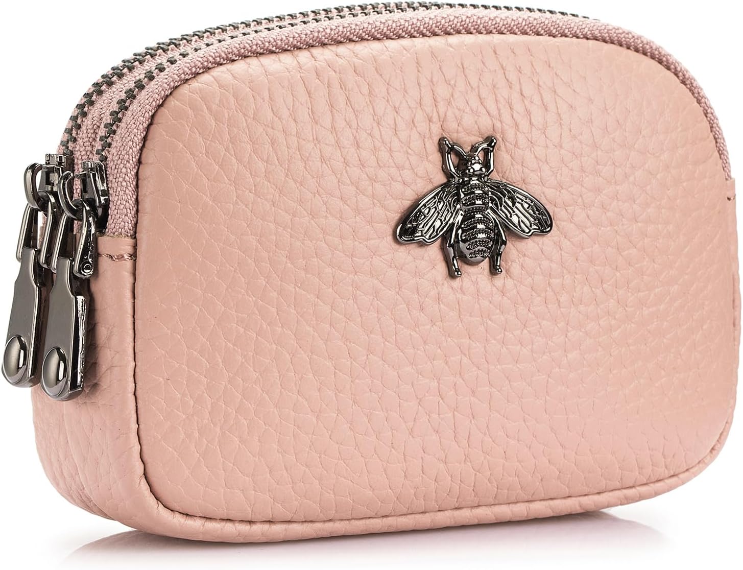 Women Leather Coin Purse, Small 2 Zippered Change Pouch Wallet, Pink, Small, Bee Style