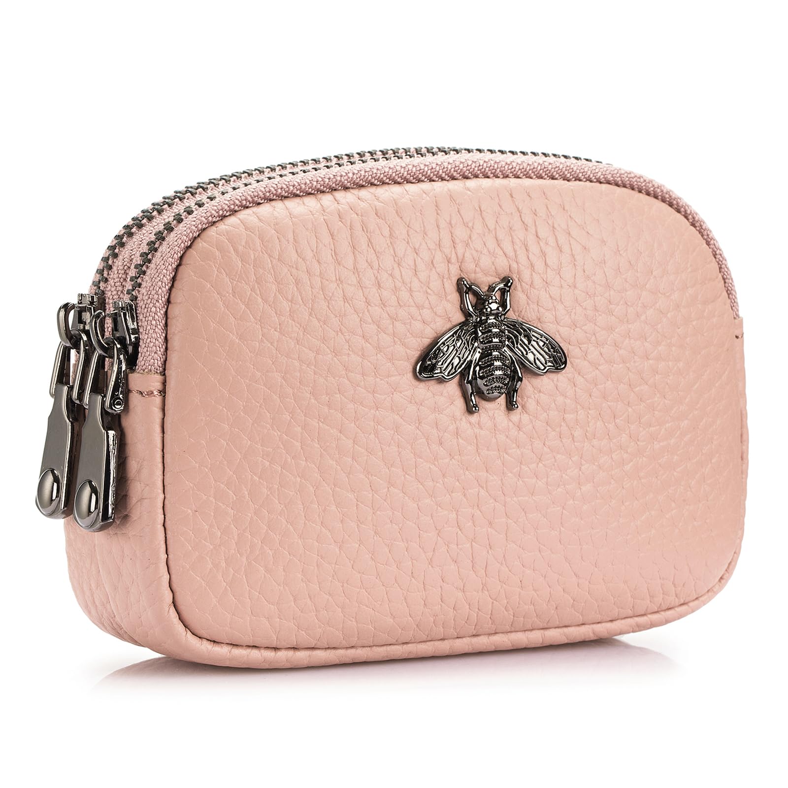 Women Leather Coin Purse, Small 2 Zippered Change Pouch Wallet