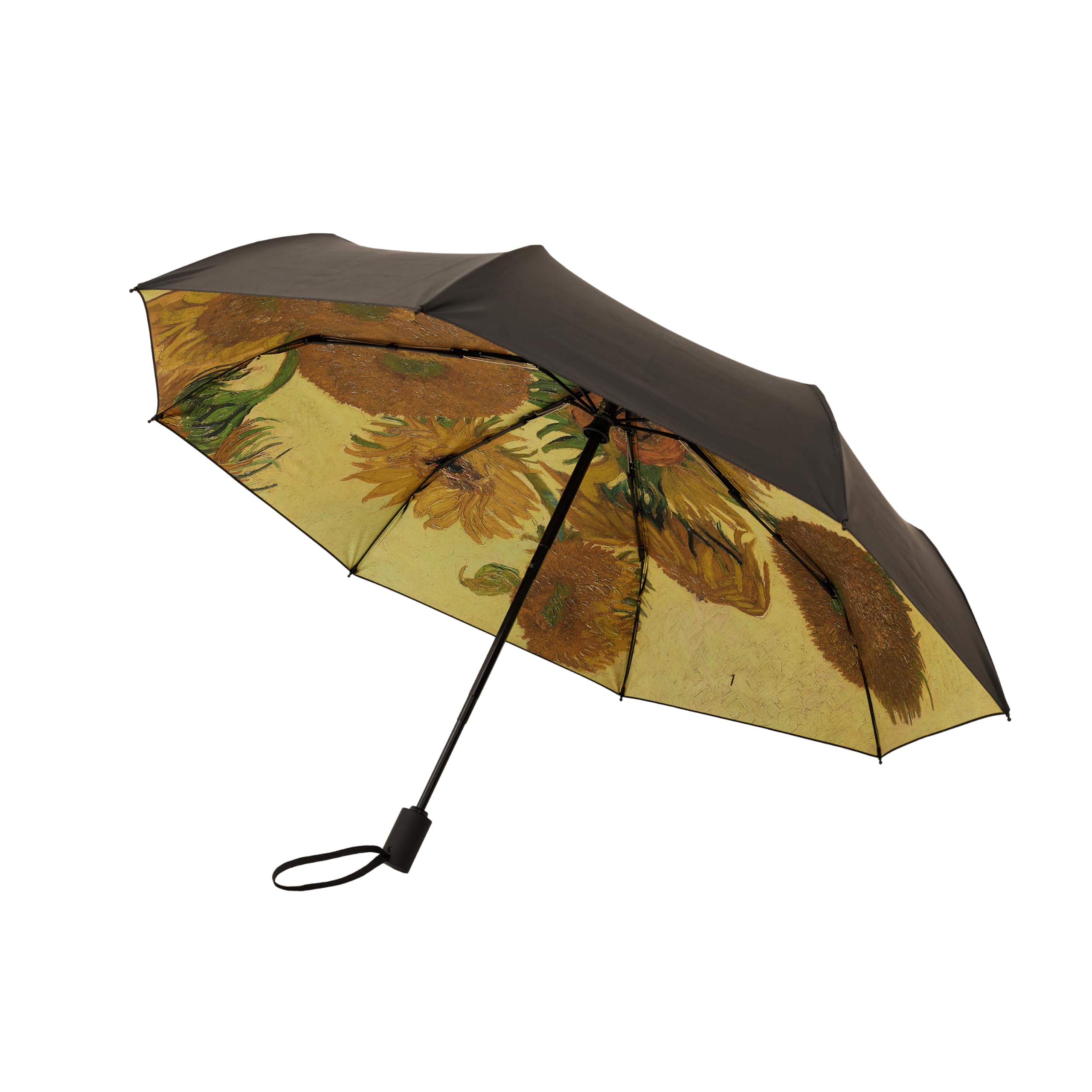 Signare Tapestry Automatic Umbrella, Art Design, Double Layer Reverse Opening, Black Backdrop (Sunflower)