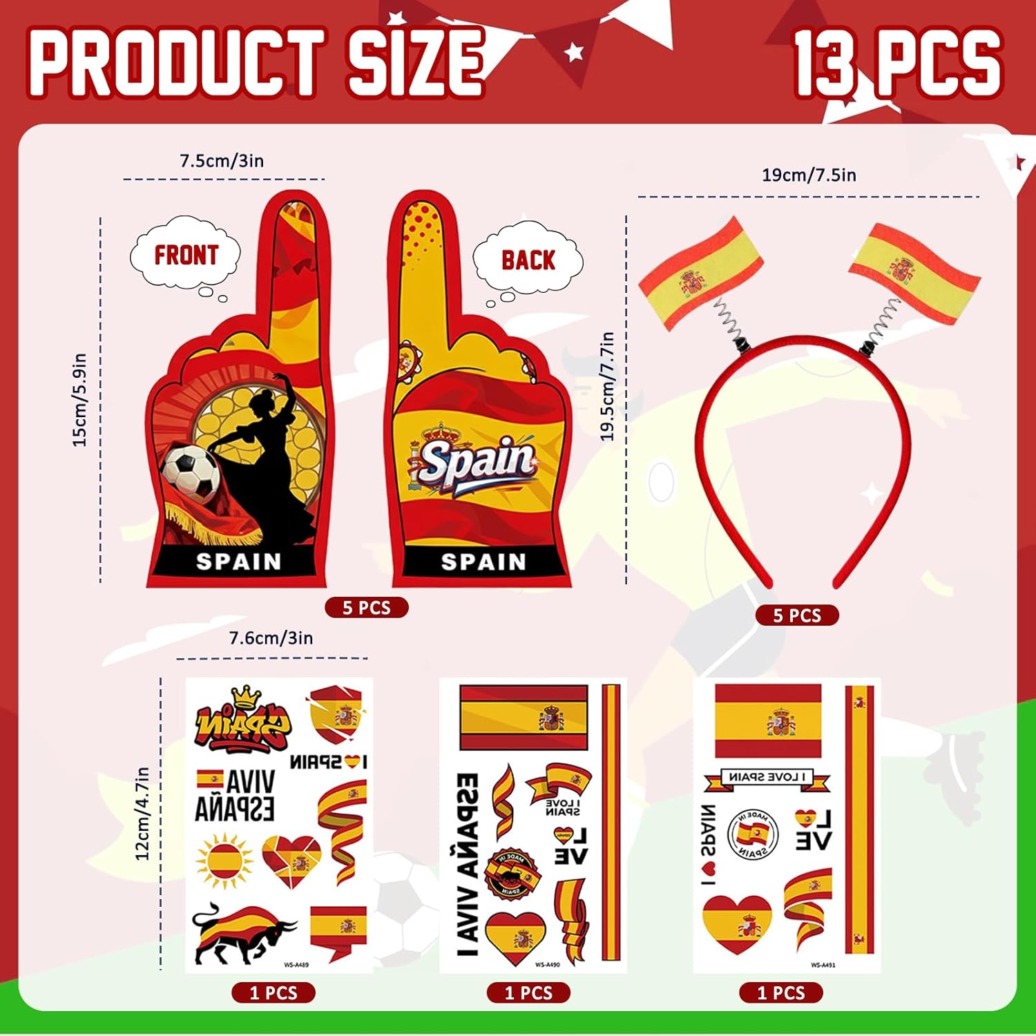 2026 Spain Soccer Party Favors,Bekecidi Soccer Event Party Foam Hand, Football Face Temporary Tattoos, Soccers Tournament Flag Headband, Sports Soccers Theme Party Decorations