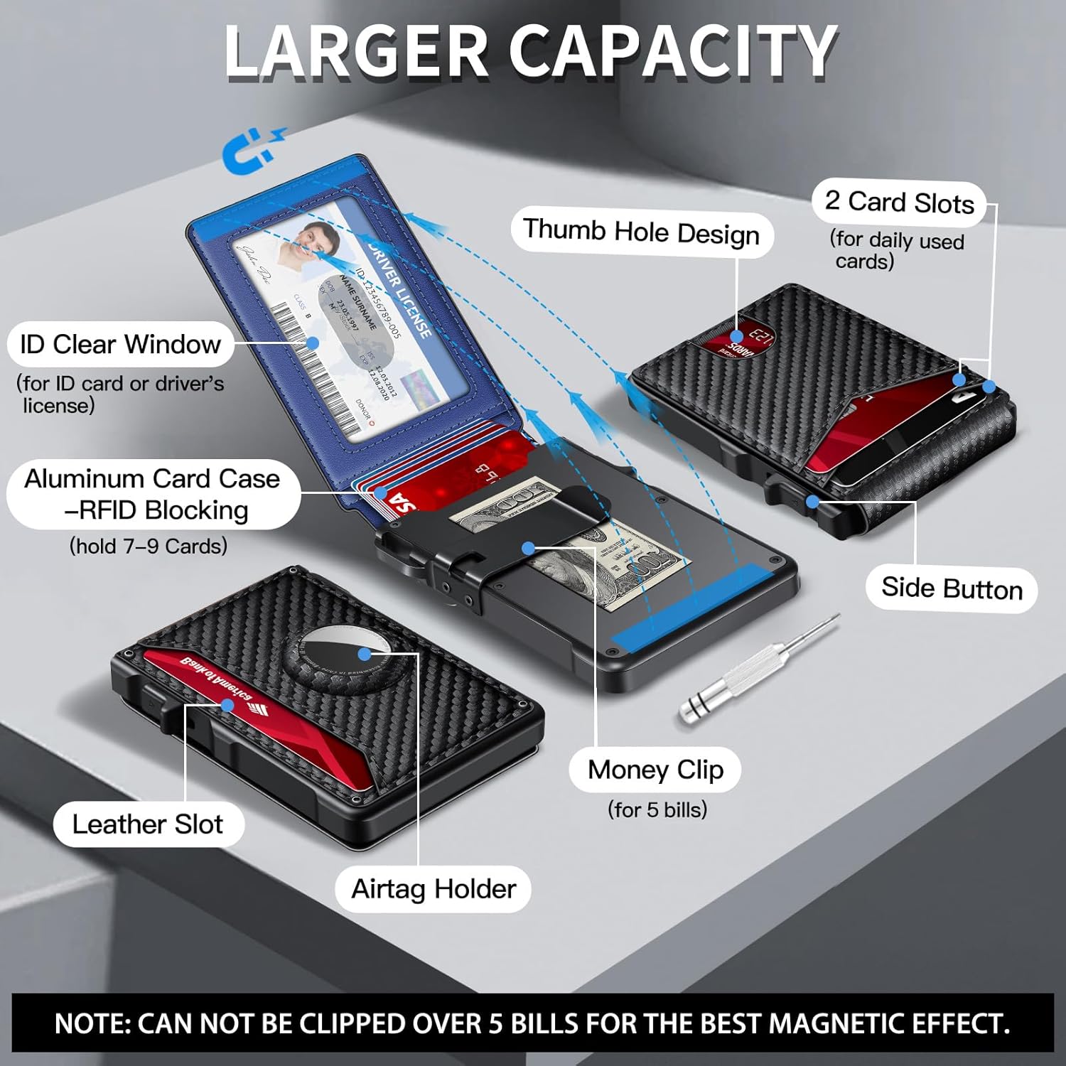 Airtag Wallet for Men, Mens Smart Wallet for Air Tag RFID Blocking, Minimalist Bifold Pop Up Aluminum Credit Card Case Holder 12+ Cards with ID Window, Gift for Men, No Airtag Included, Carbon Blue - Image 5