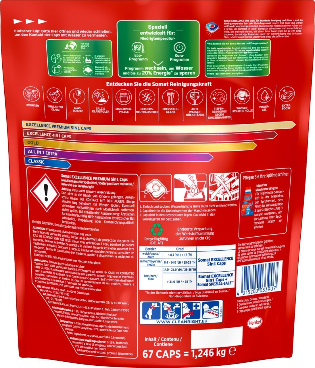 Somat Excellence Premium 5 in 1 Caps (67 Caps), pastiglie per lavastoviglie ad alta risoluzione con extra Boost, i tappi Somat rimuovono anche i residui di cibo secchi e ostinati