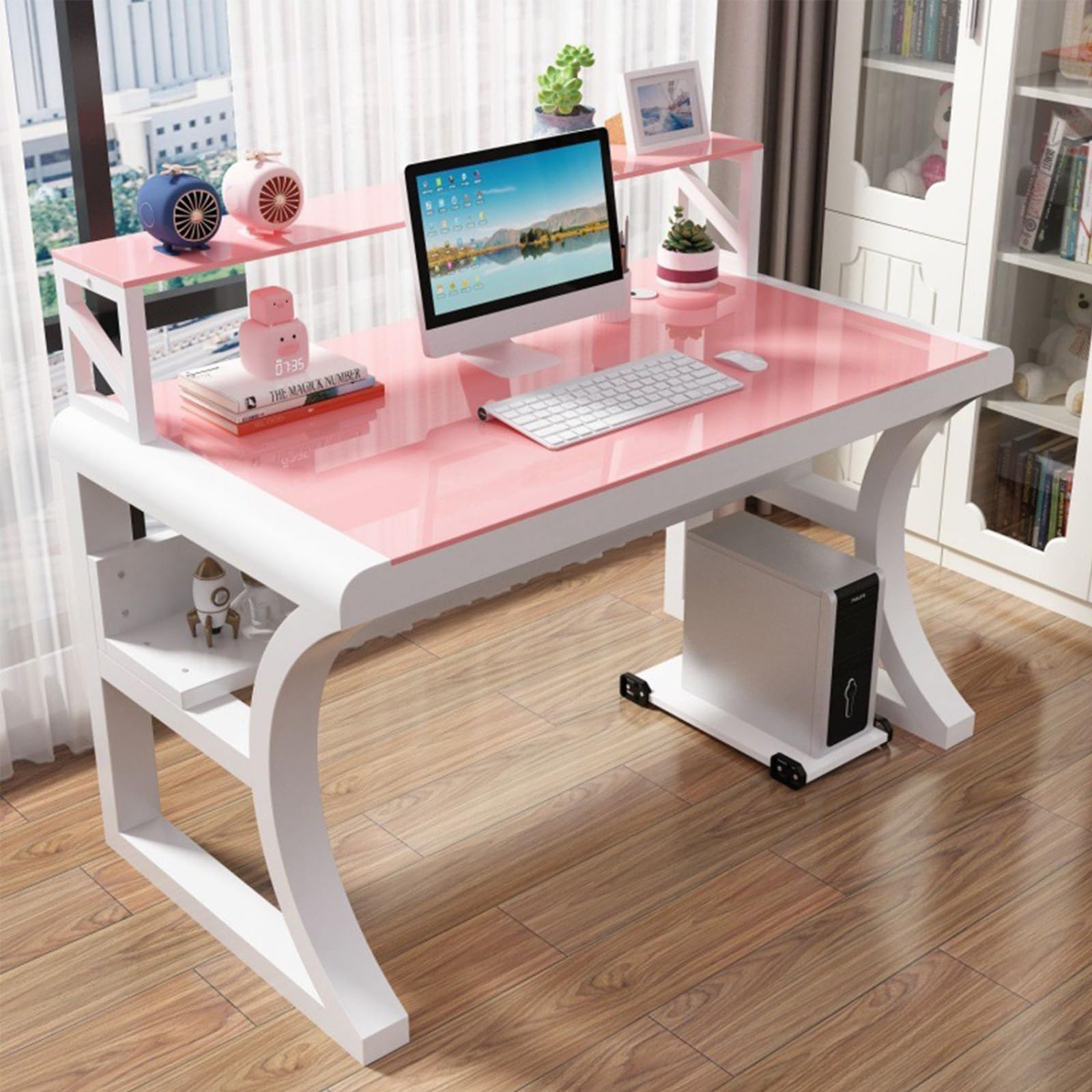 Bureau avec étagères de rangement, table d'écriture en verre moderne pour le bureau à domicile, poste de travail d'étude de cadre en métal robuste, bureau de jeu spacieux pour les adultes, montage fac