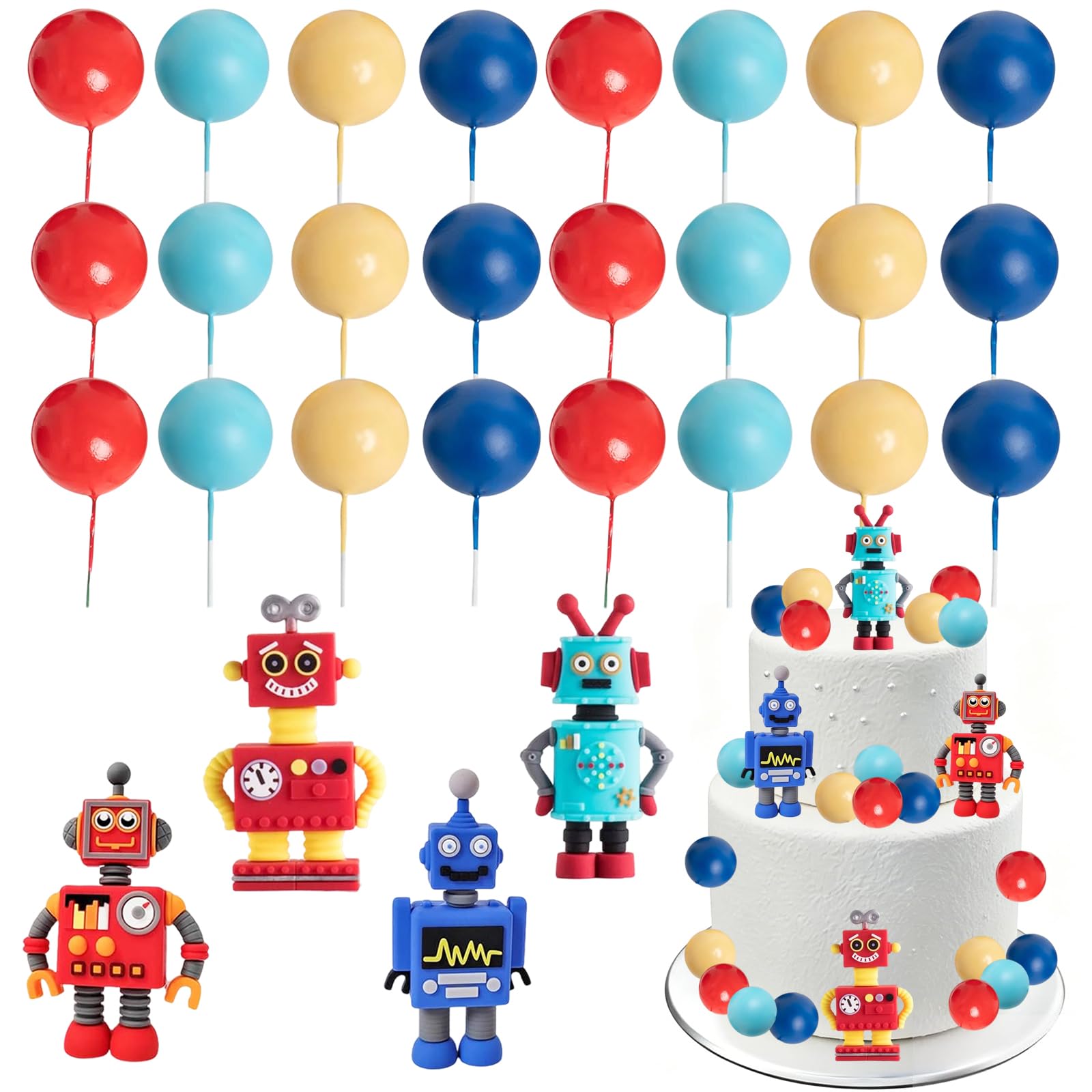Robot Cake Toppers,Game Cake Toppers Decorations, 24pcs Robot Cake Decorations For Robot Birthday Party Decorations Birthday For Boys Gear Robot Baby Shower Supplies