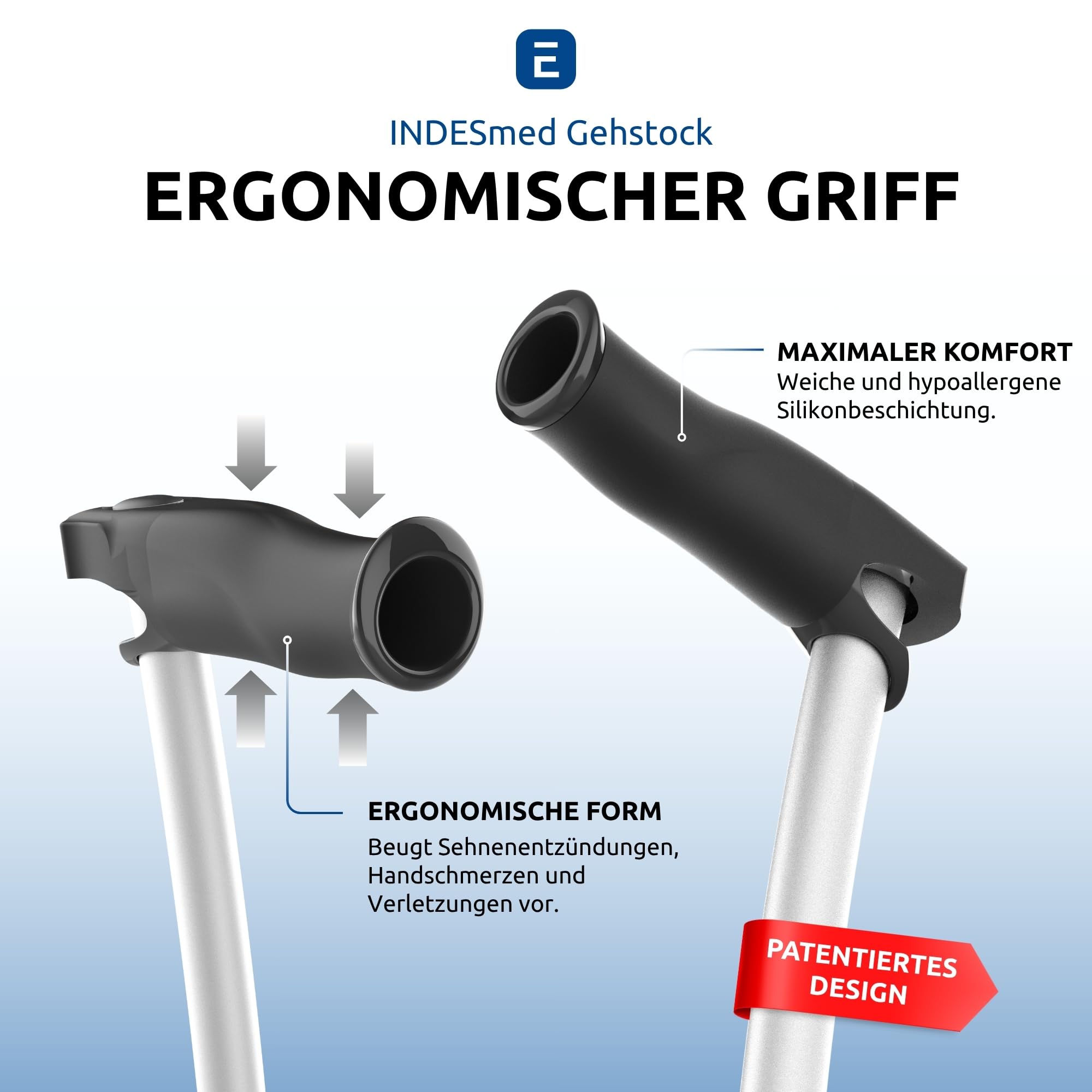 INDESmed Gehstock aus Luftfahrt-Aluminium | Leicht, ergonomisch & höhenverstellbar | Gehstock Damen & Herren – Für Alltag, Reha & Spaziergang – Elegante Gehhilfe - Grau, L