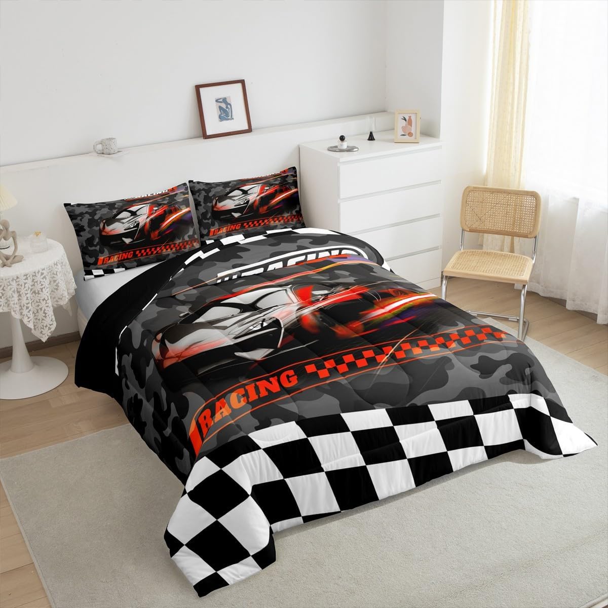 Feelyou Red Racing Car Bedding Set Twin Size Kids Boys Speed Race Car Comforter Set for Teens Toddler Extreme Sports Duvet Set Camouflage Quilt Set 2Pcs