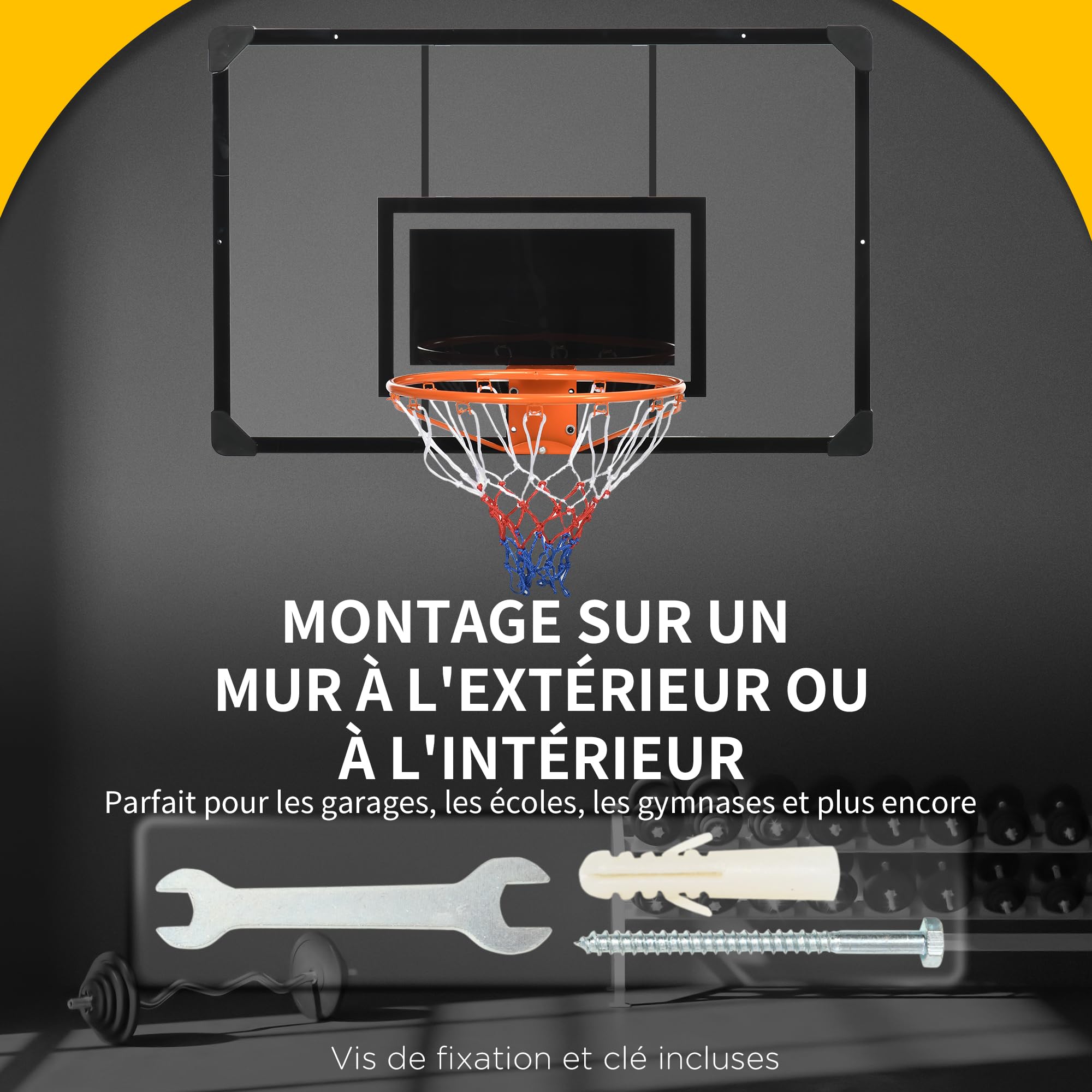 SPORTNOW Panier de Basket Mural, Panier Basket, avec Panneau incassable, Cerceau en Acier et Filet indéchirable, vis de Montage et clé, pour extérieur, Noir, Transparent, Orange