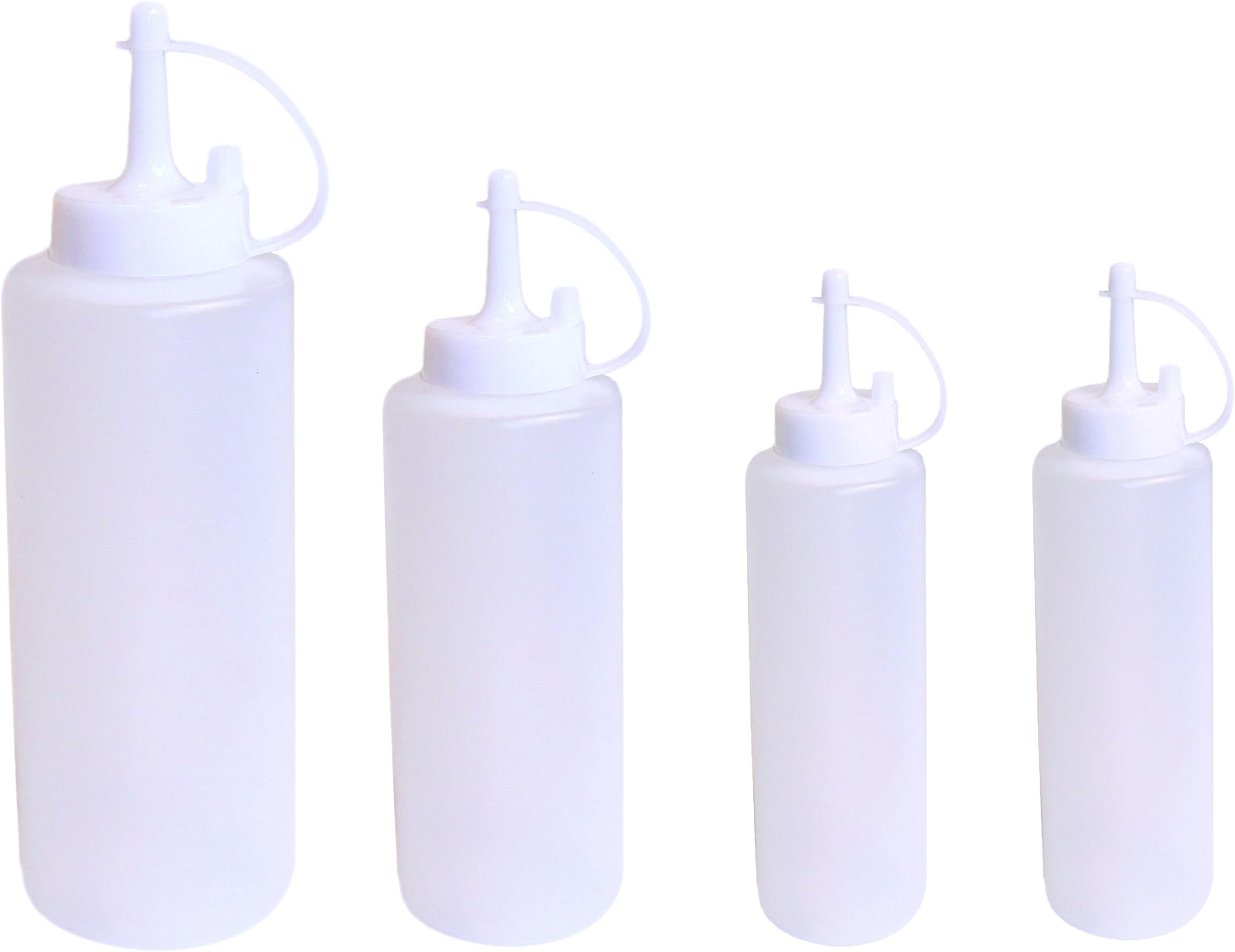 Set of 4 Plastic Squeeze Bottles with Caps in Assorted Sizes, Ketchup BBQ Sauce Dispensing Bottles