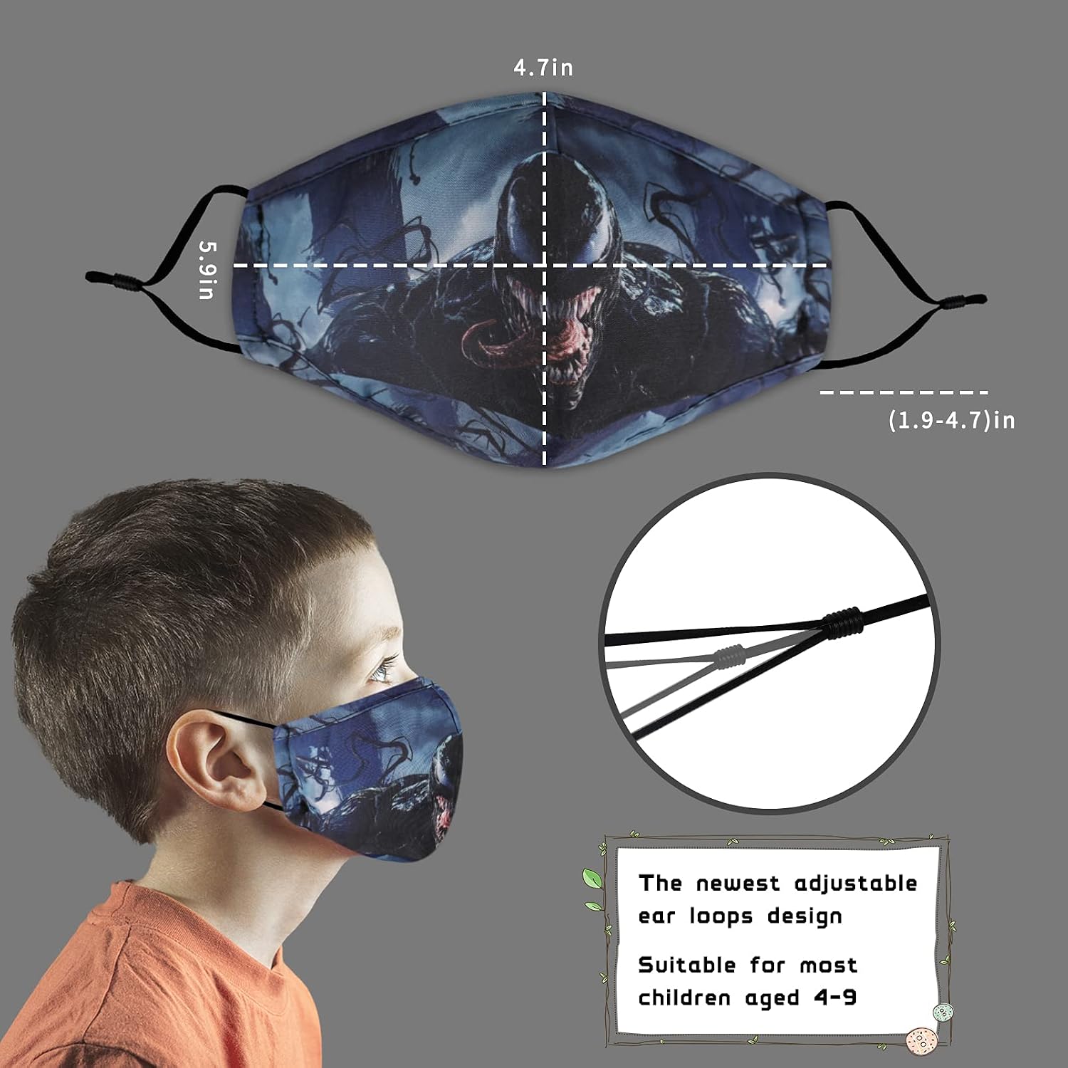 Washable Reusable Kids Face Mask with Adjustable Ear Loops for Girl Boy Gift
