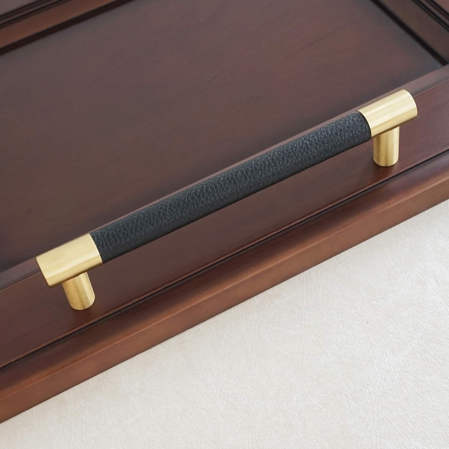 MFYS Black Leather Drawer Pulls for Dresser Knob Gold Handle for Cabinet Pulls Brushed Brass Cupboard Knob (1, 7 9/16" Hole to Hole)