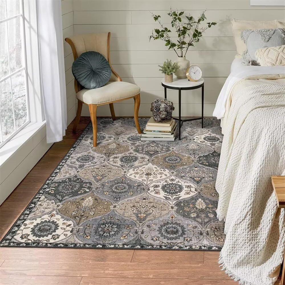 Tapis de jeu enfant 200x300cm déco chambre bébé fille gris lavable champ de fleurs