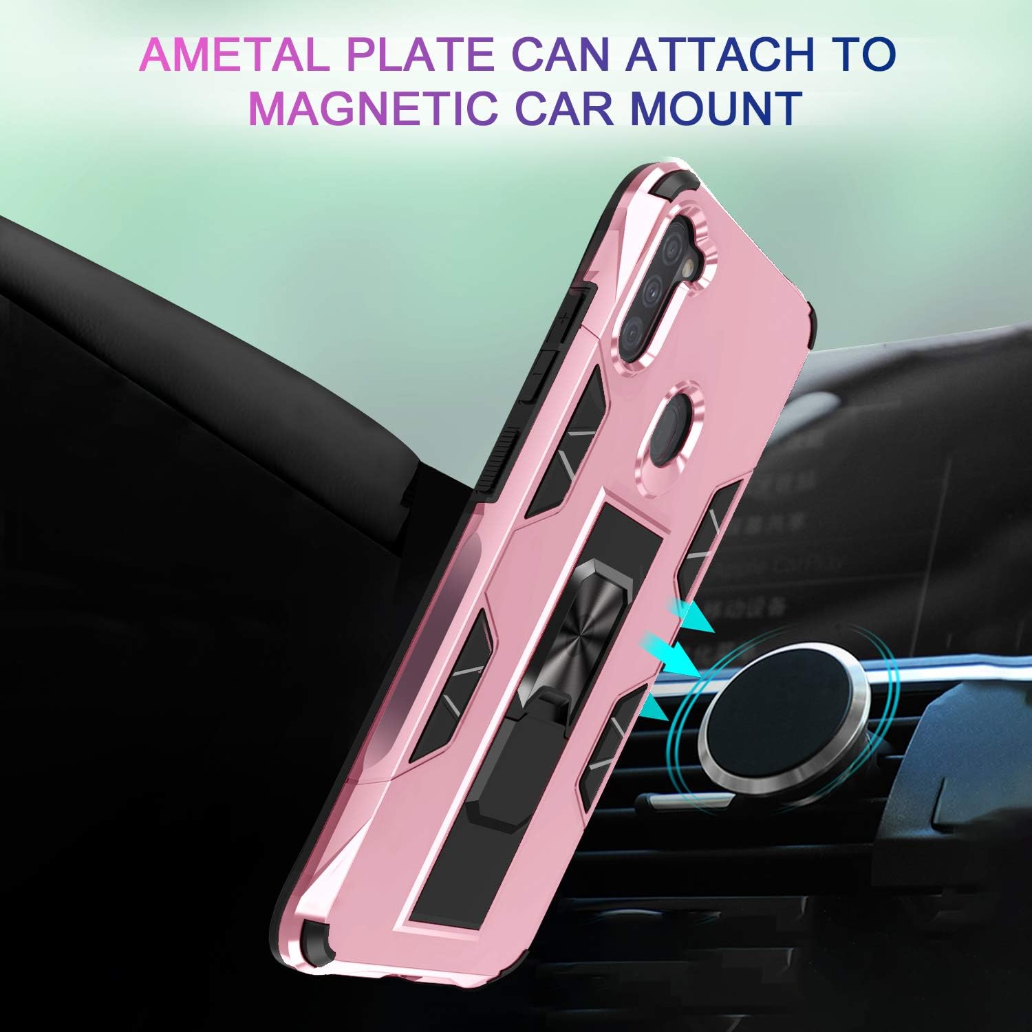 LeYi Compatible with Samsung A11 Case, Samsung Galaxy A11 Case with Tempered Glass Screen Protector [2Pack], Military-Grade Shockproof Built-in Kickstand Car Mount Phone Case for Galaxy A11, Rose Gold