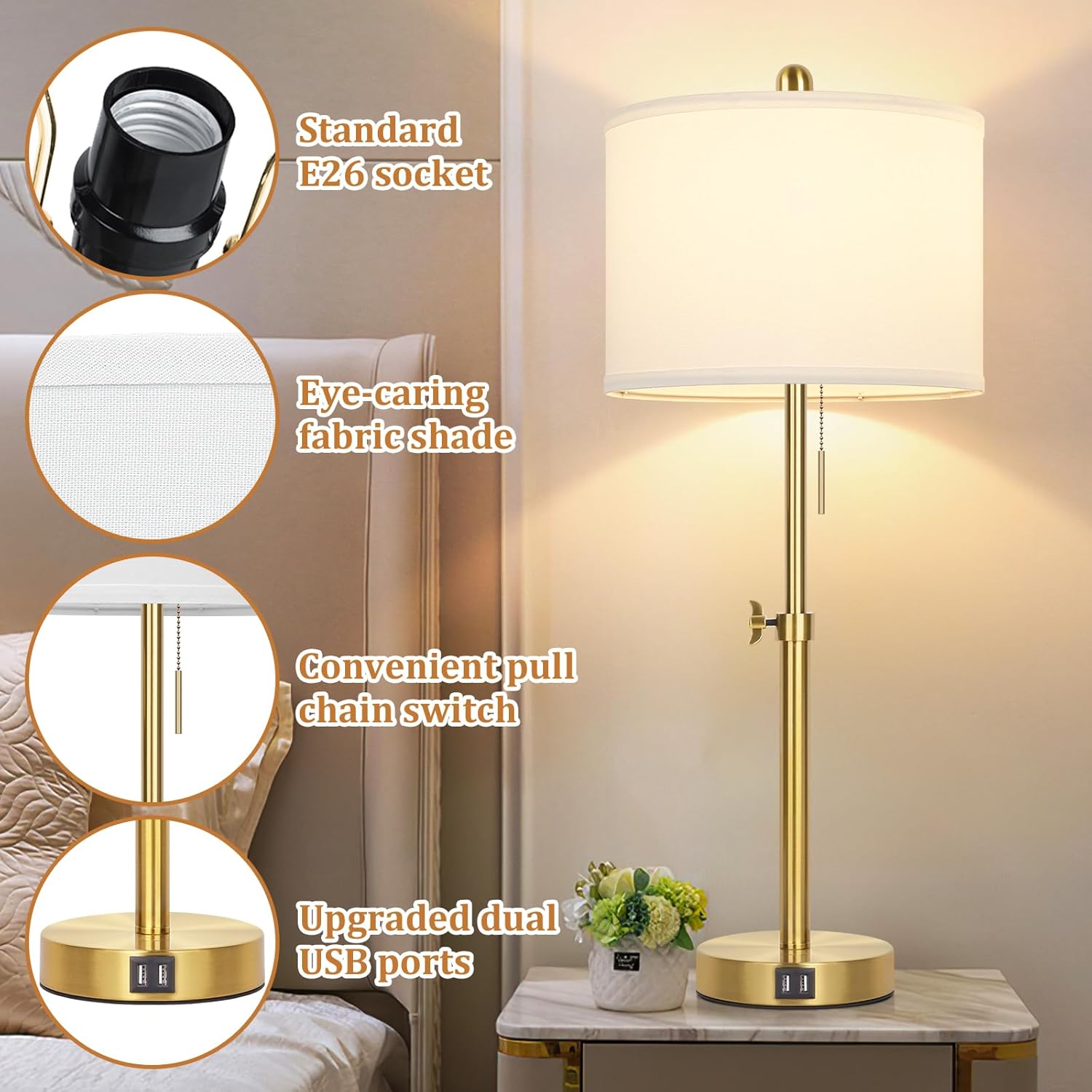 Table Lamp Set of 2, Bedside Lamp with 2 USB Ports, Gold Tall Table Lamp for Living Room End Tables, 23" to 30" Height Adjustable Lamp for Bedroom, Farmhouse Table Lamps with Pull Chain, E26