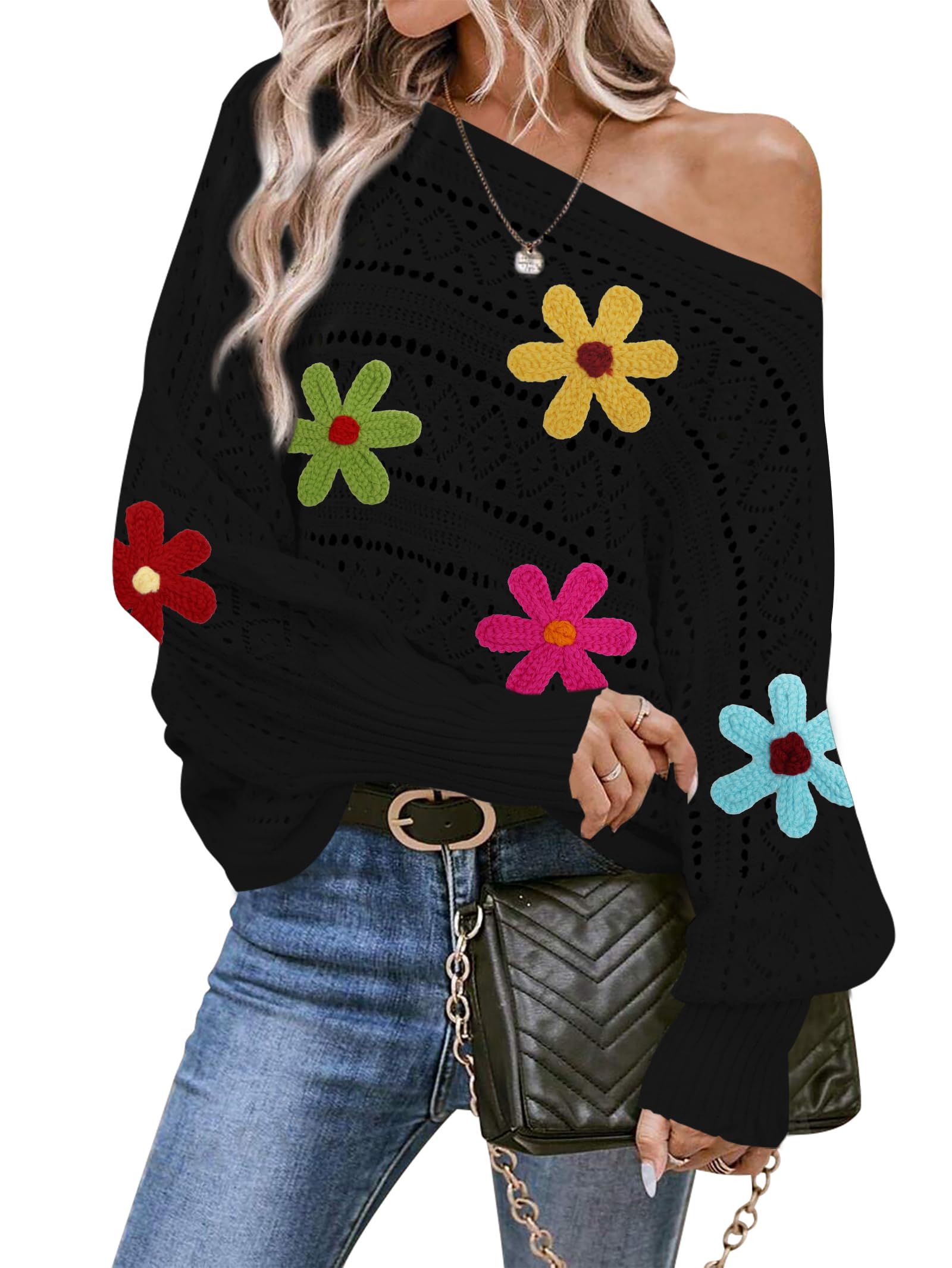 Cakulo Womens Off Shoulder Sweater Top Fall Outfits Fashion 2025 Oversized Knit Batwing Long Sleeve Crochet Flower Sweaters