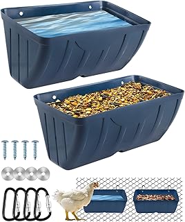Chicken Feeders, 2 Pack, Duck Feeders and Waterers, Hanging Poultry Water Feeder, Livestock Fence Feeder, Feed Trough and Waterer Bucket with Clips, Blue