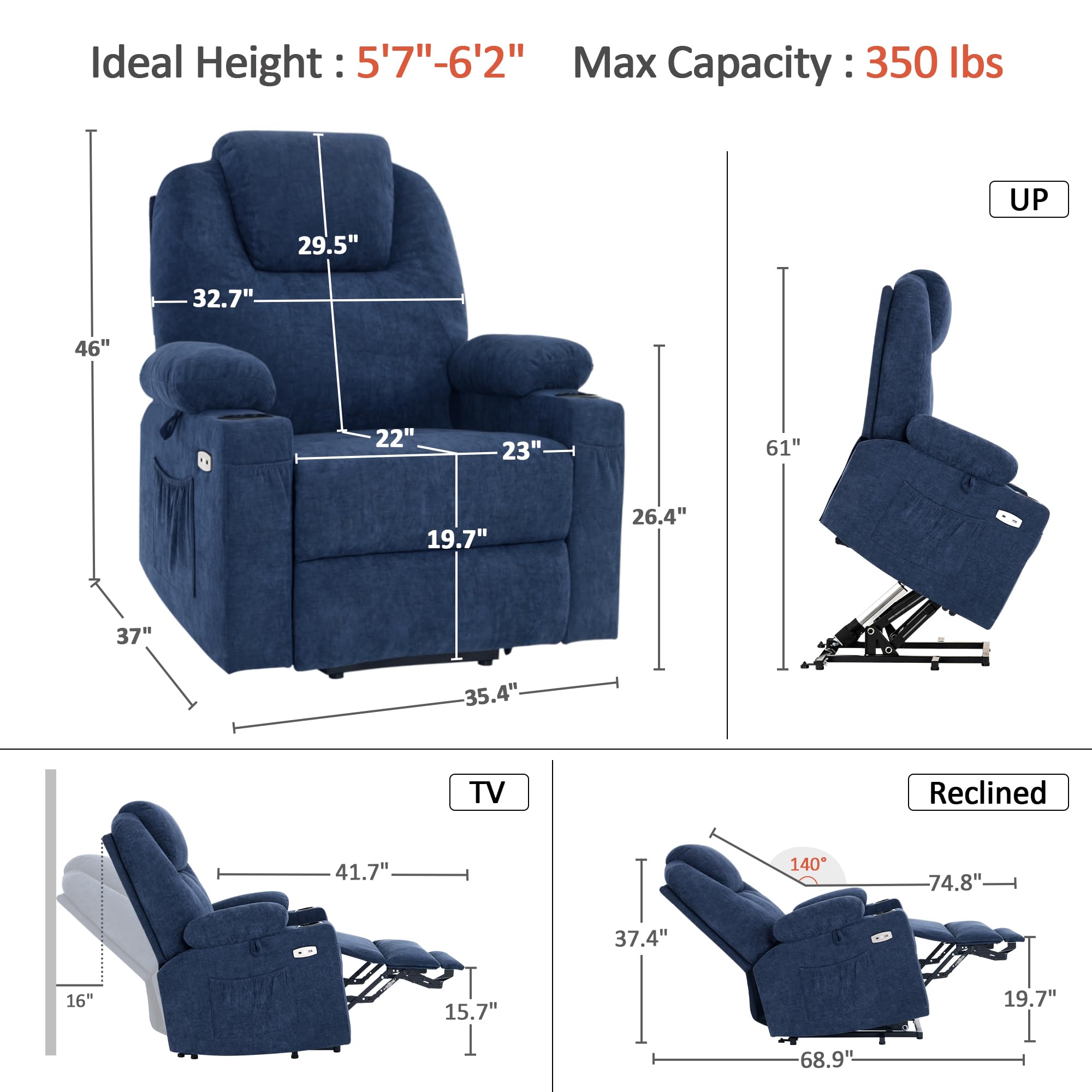MCombo Power Lift Recliner Chair for Elderly, Lift Chair with Heat and Massage for Tall People, USB&Type C Ports, Extended Footrest, Cup Holders, Fabric 7516(Large,Admiral) - 4
