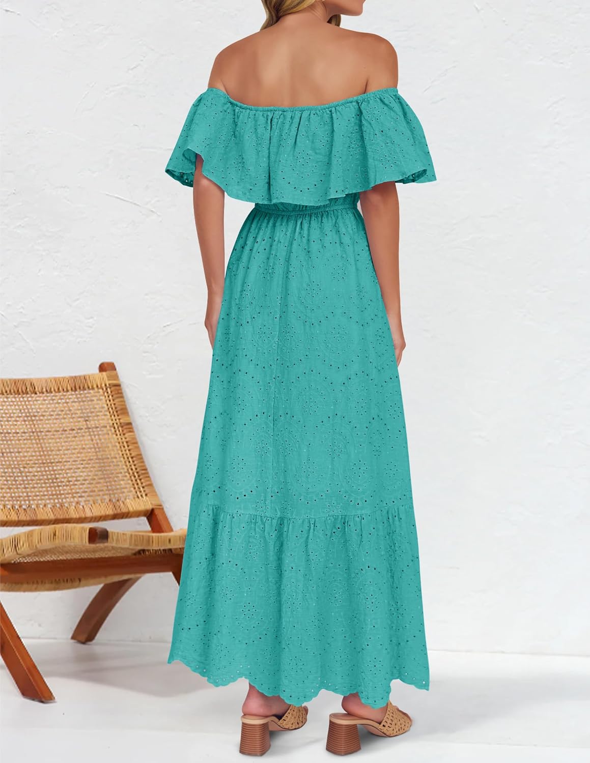 ZESICA Women's 2026 Summer Off Shoulder Ruffle Midi Dress Short Sleeve High Waist Hollow Out Embroidery Party Dresses - Image 3