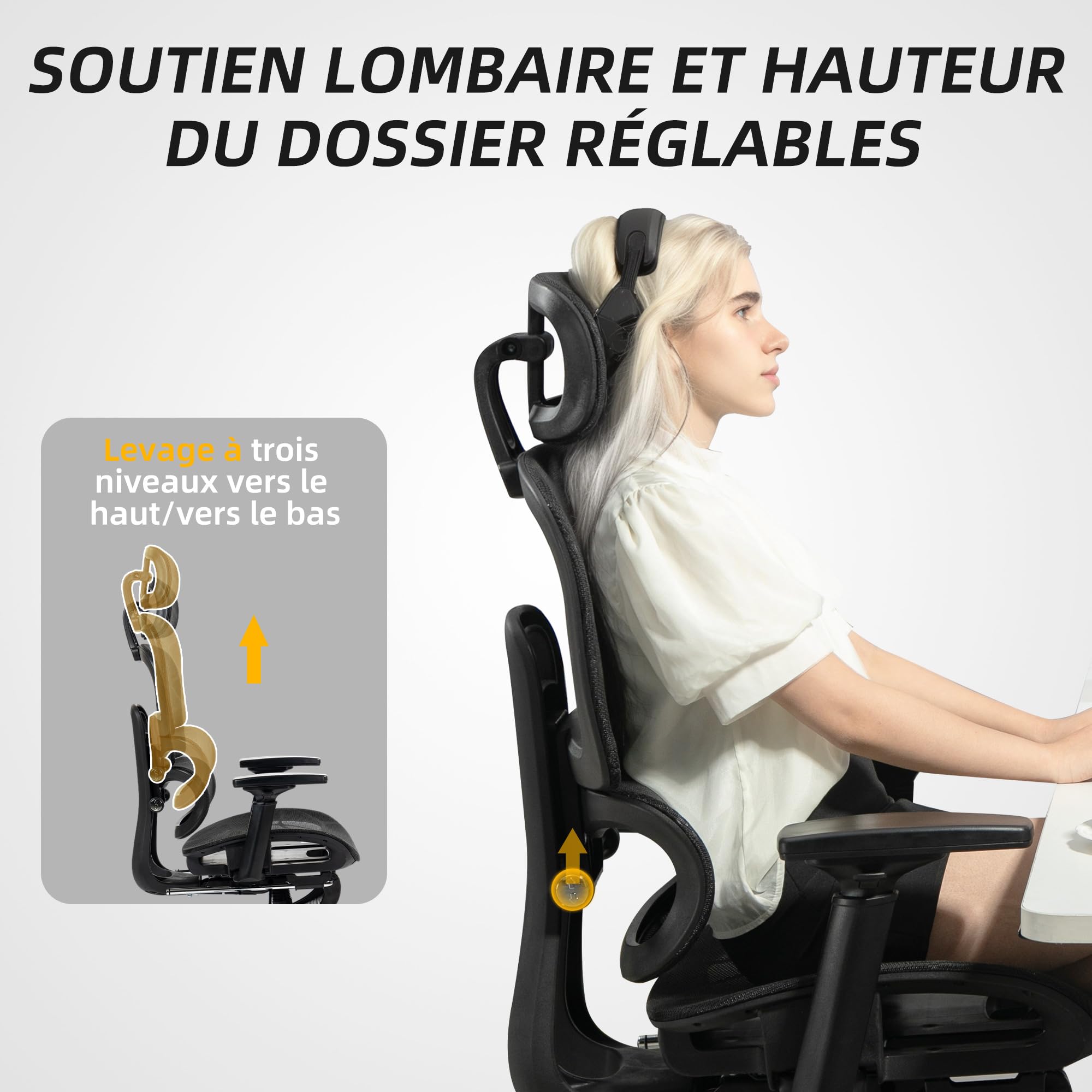 HOMCOM Chaise de Bureau Ergonomique en Maille Accoudoirs 3D Noir