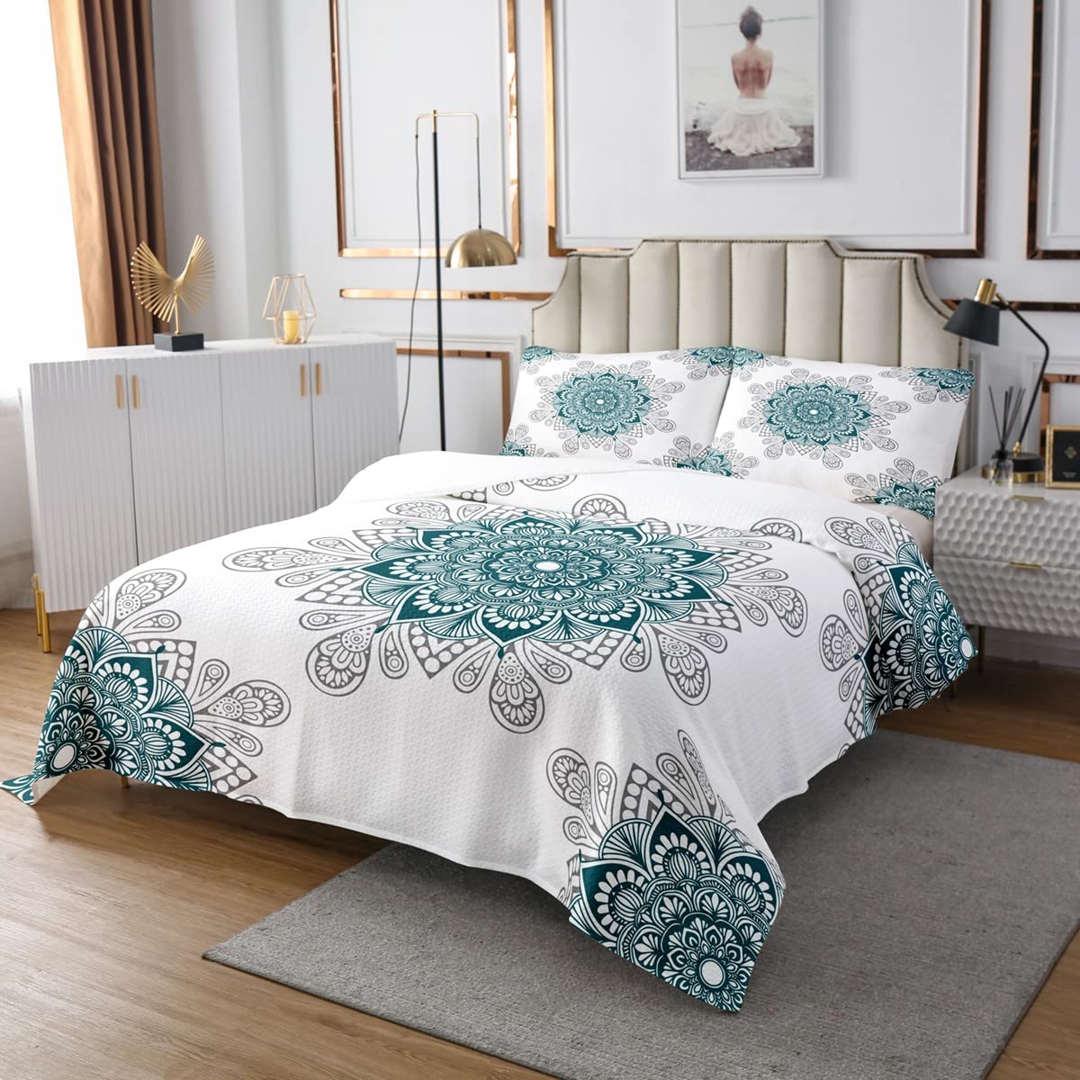 Erosebridal Green Mandala King Quilt Set Tribal Floral Coverlet Set for Kids Teen Adults, Vintage Hippie Bedding Set Boho Flower Bedspread Set Chic Medallion Bed Quilt Room Decorative 3pcs