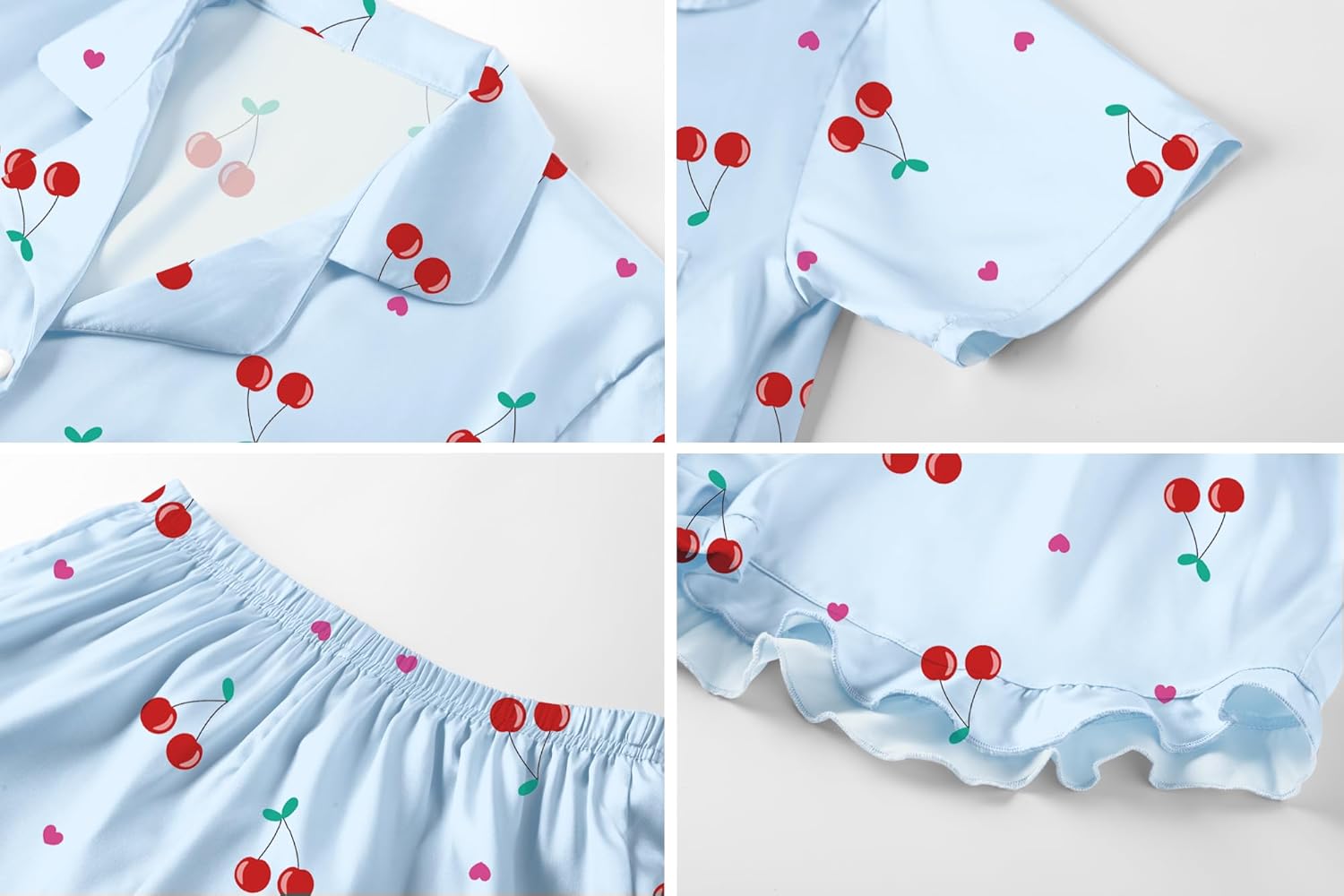 Umeyda Girls 3 Pieces Pajamas Sets Silk Satin Ruffle Sleepwear Short Sleeve Button-Down 3Pjs Nightwear, 5-14 Years - Image 6