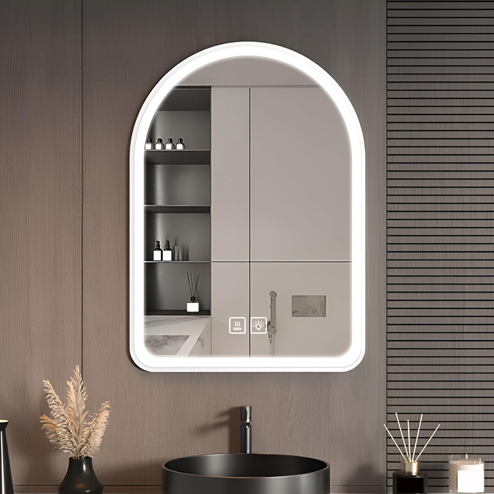 Miroir LED en verre trempé et métal blanc pour une décoration moderne