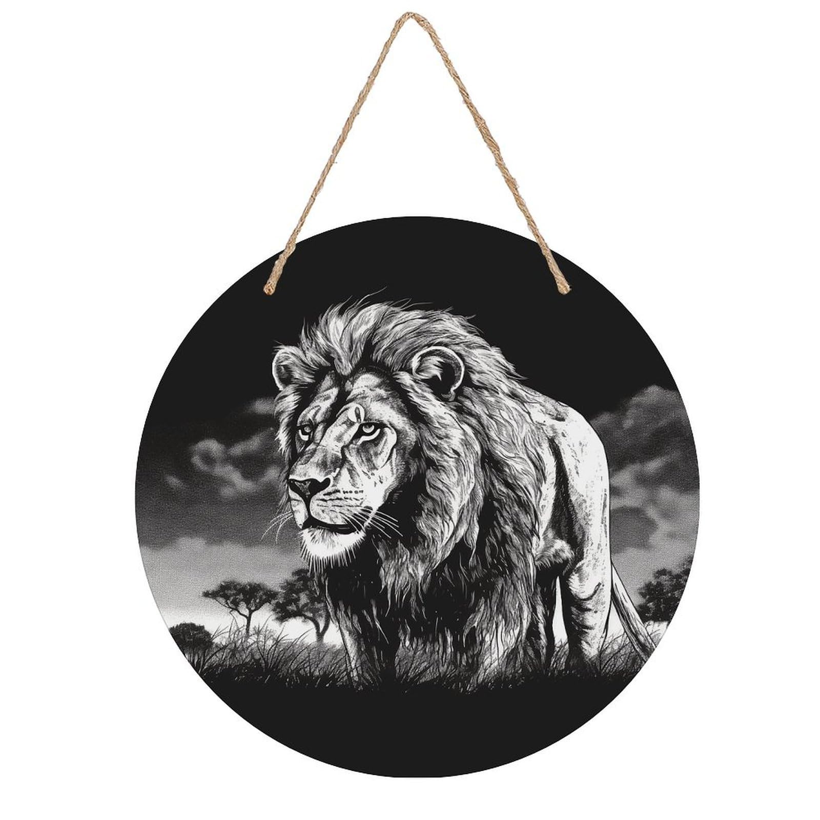 VstaDank Lion Black And White Illustration Wall Decor Round Wood Hanging Sign 7.9x7.9 in Wooden Circle Door Hanger with Ropes, Rustic Wall Art Decor for Home Front Door Indoor Outdoor Decoration
