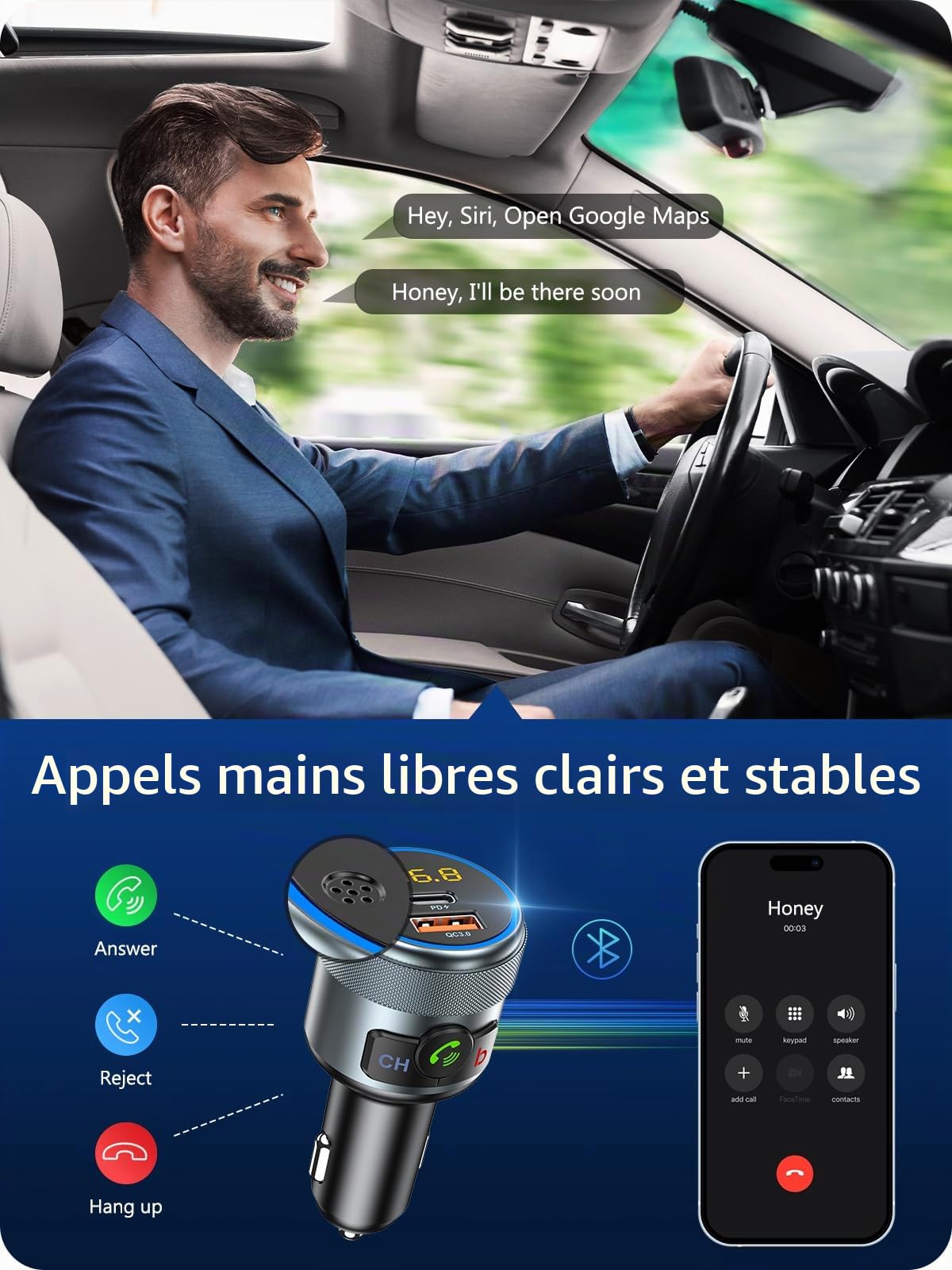 LENCENT Transmetteur FM Bluetooth 5,1, Allume Cigare Bluetooth Voiture, Son Hi-FI à Basses Profondes, Chargeur Rapide de Voiture avec PD 20W et QC3,0 18W, Compatible avec Les appels Mains Libres.