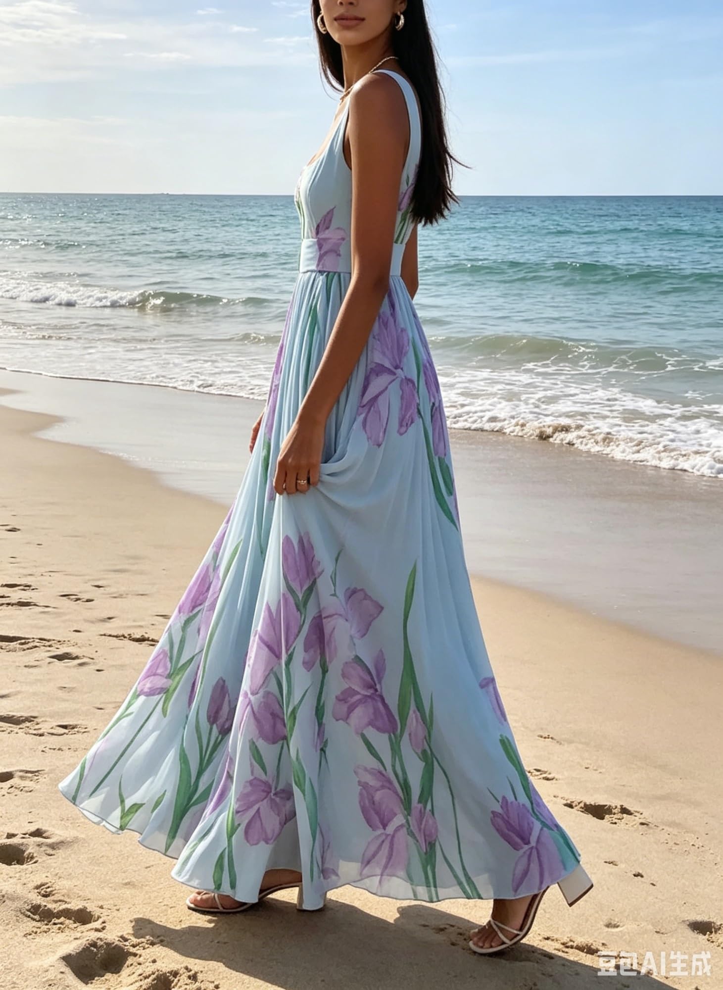 Generale Vestito Lungo Fluido in Chiffon Floreale Senza Maniche, Vita Impero, Abito da Sera Formale Elegante Donna ospite Nozze