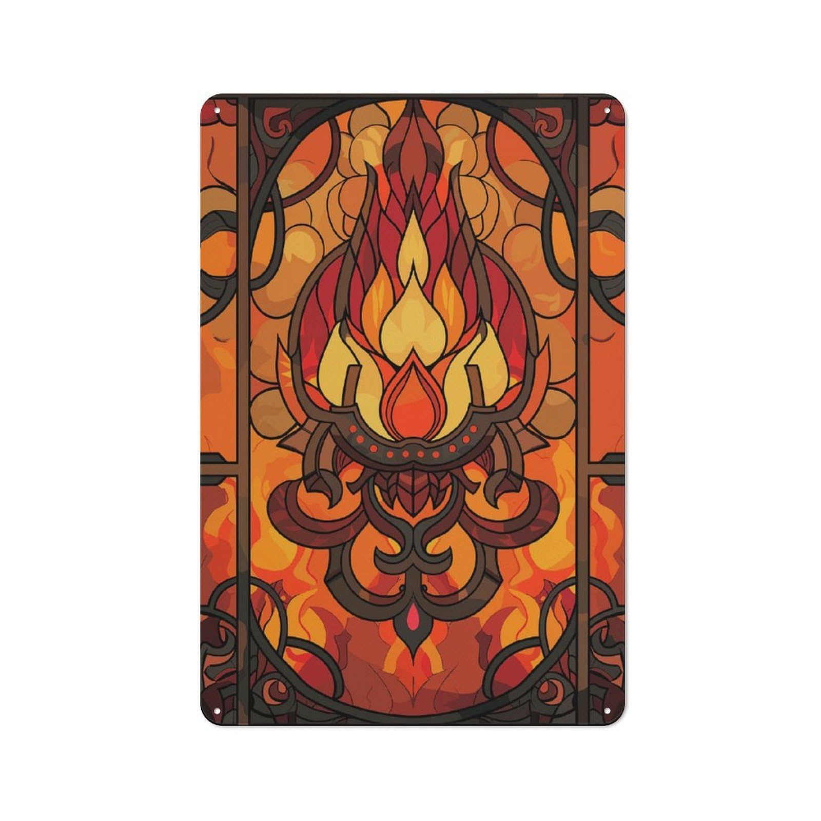 Junmoney Style-21 Modern Retro Metal Wall Art Sign 30X20cm Featuring Stained Glass Fire Lotus Design, Urban Room Decor For Flat, Bar, Studio Or Gallery Wall