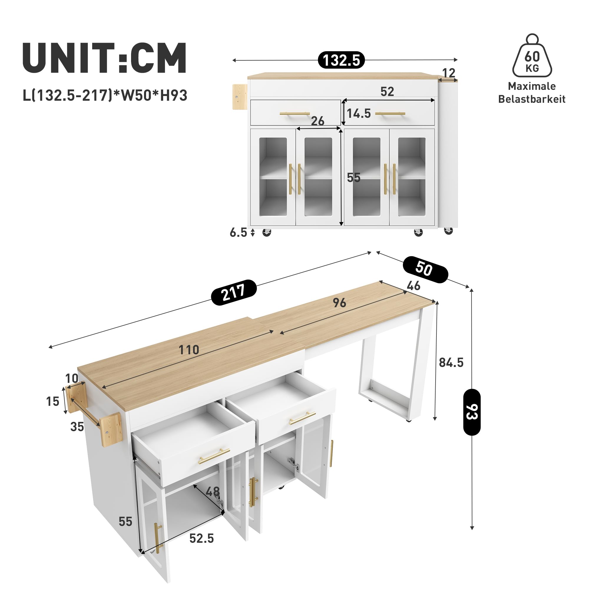 SUKY Isola da cucina mobile con ruote, tavolo da bar allungabile con vano portaoggetti, mobile da cucina con ante in vetro, cassetti e ripiano, bianco, 132,5-217 x 50 x 93 cm