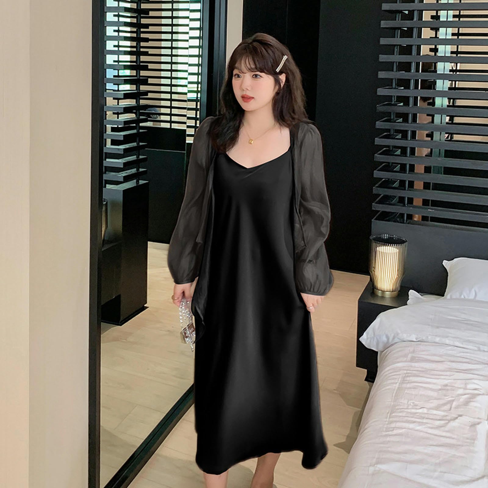 Ropa de Verano para Mujer de Talla Grande, cárdigan Ligeramente Transparente para niña Gorda + Conjunto de Falda con Tirantes - raíz de Loto Rosa - 4XL