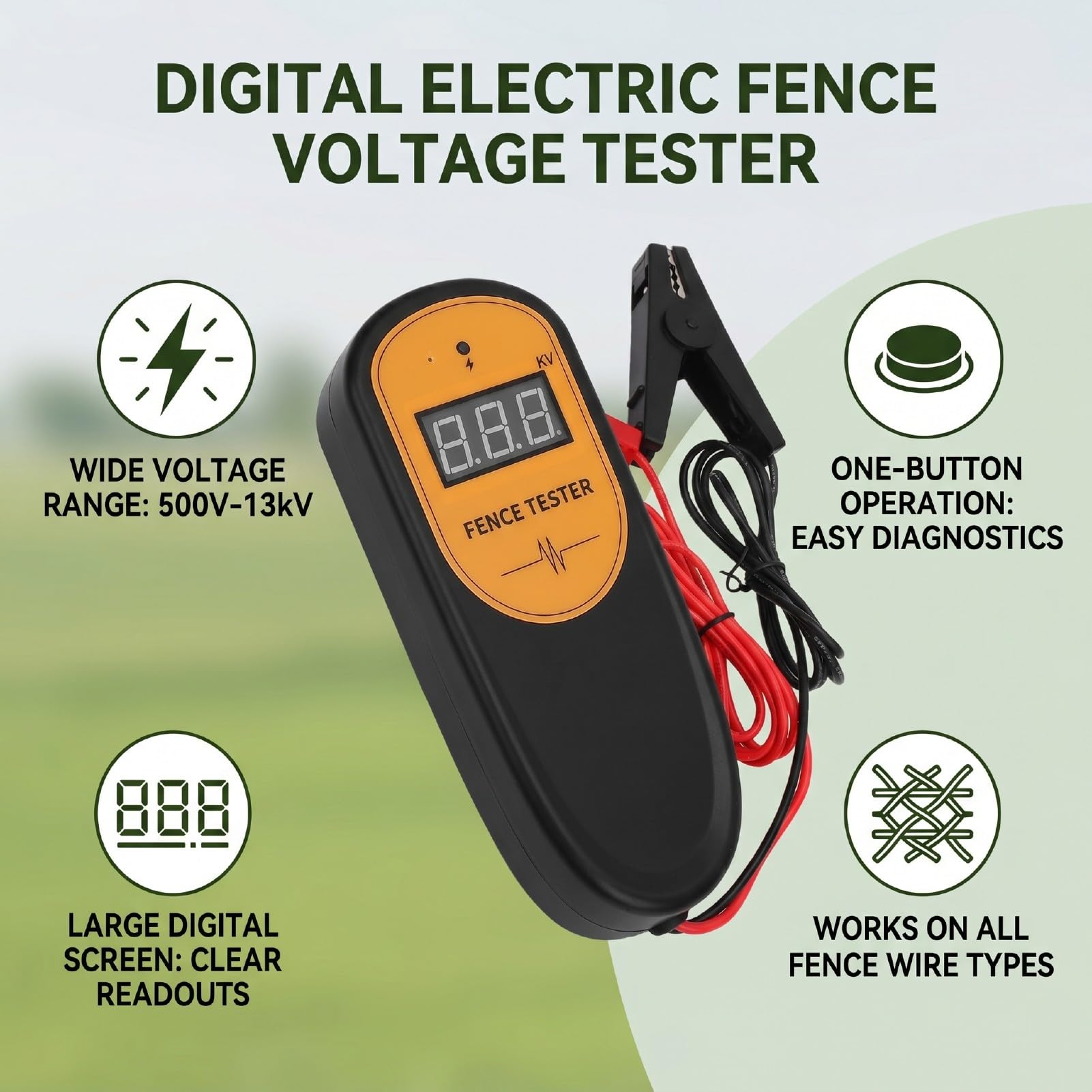 Tester di Tensione per Recinzione Elettrica, da 500 V a 13 Kv, Display a Grande Schermo, Funzionamento con Un Pulsante Protezione del Circuito Tester Portatile per Recinzione