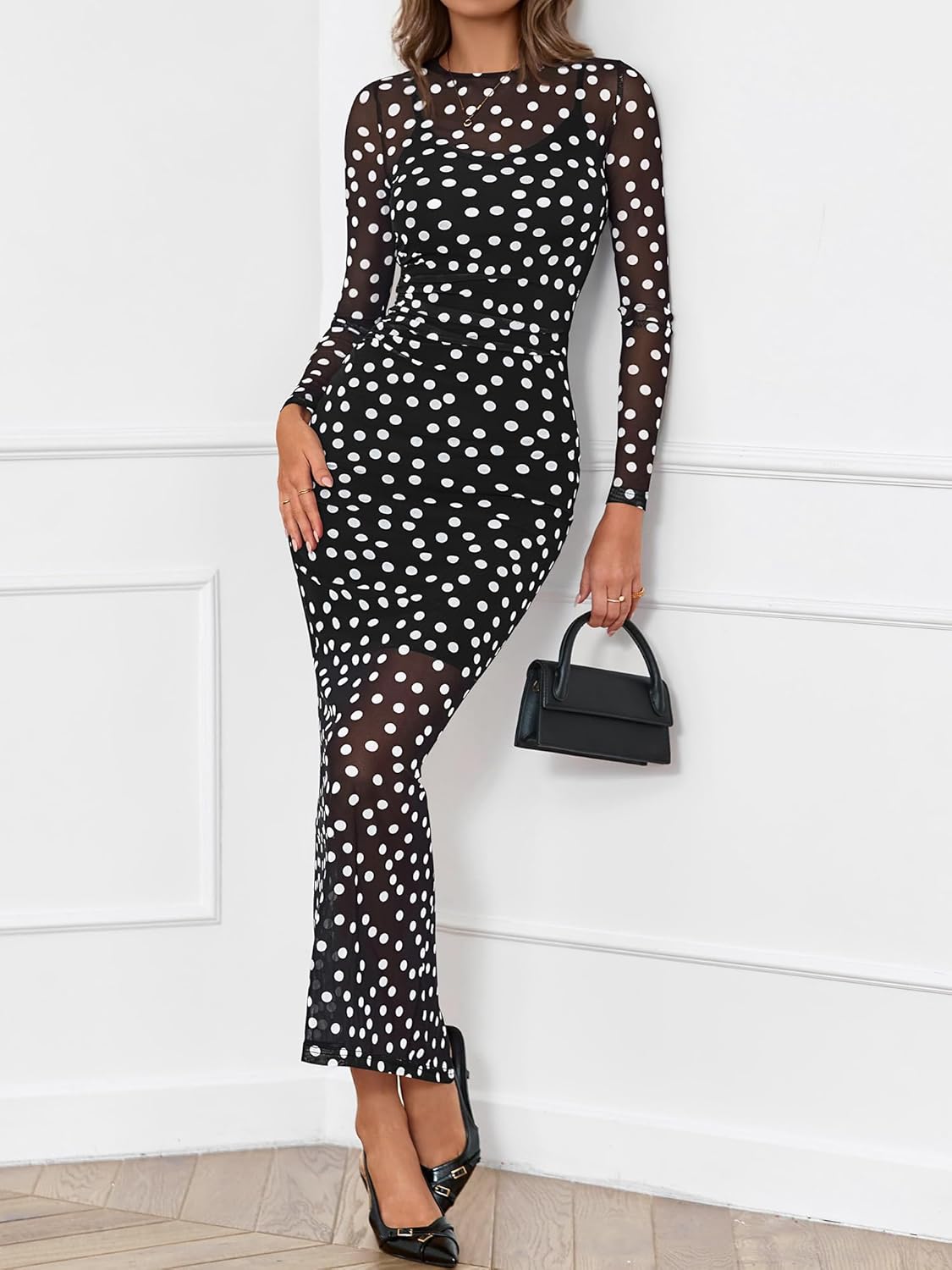 BTFBM Spring Dresses for Women 2026 2 Piece Set Long Sleeve Polka Dot Sexy Bodycon Mesh Dress and Slip Dress Wedding - Image 6