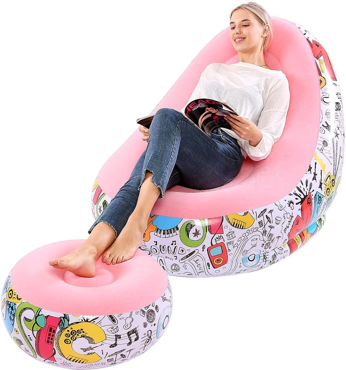 Lazy Inflatable Sofa Chair With Graffiti Pattern Flocking and Foot Cushion - Suitable for Home, Office, and Outdoor Use - Folding Family Lounge Chair (Pink)