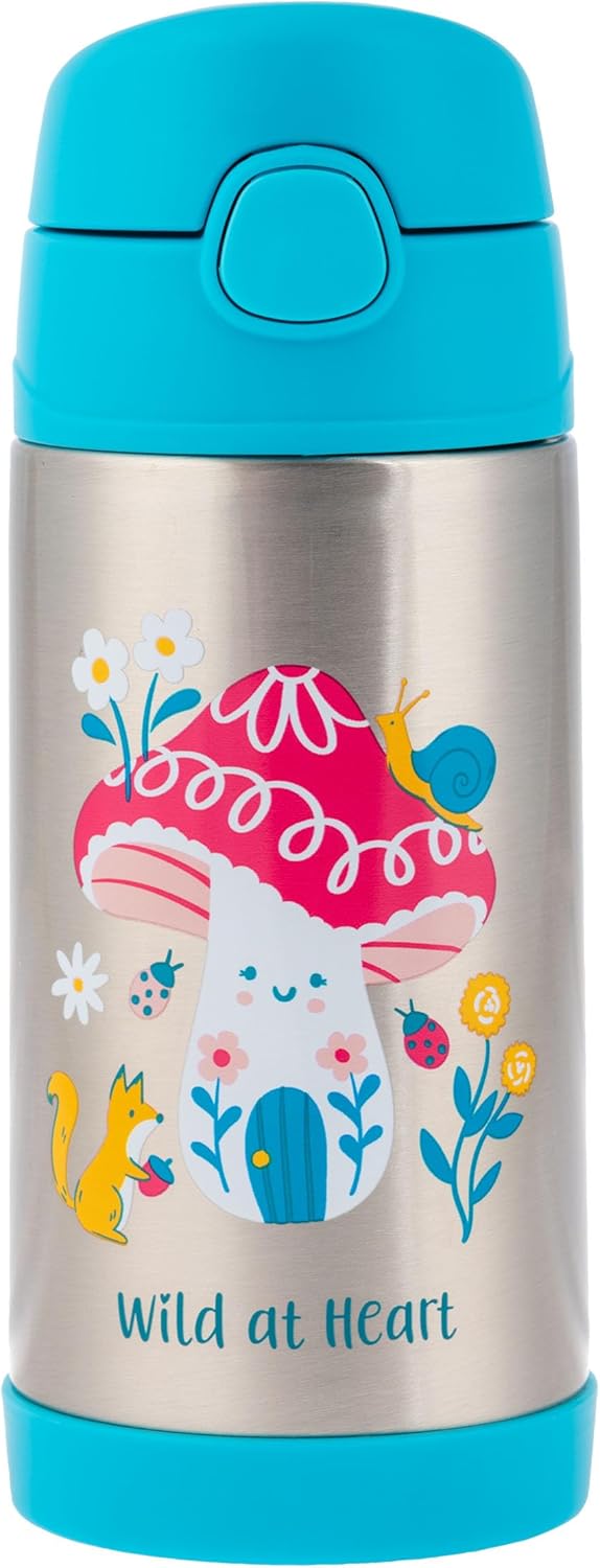 Stephen Joseph Double Wall Stainless Steel Bottles, Insulated Water Bottle for Kids Toddlers, Vacuum Insulated Bottle with Straw, BPA-Free Water Bottle – 11.8 Ounces, Mushroom
