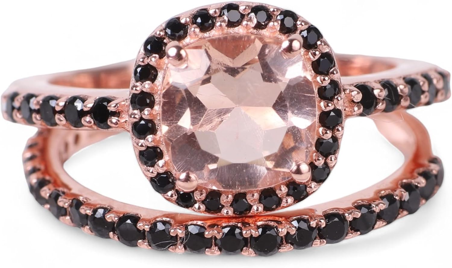 18K Solid Rose Gold Ring Set Morganite Wedding Ring Set for Women Natural Onyx Halo Jewelry Half Eternity Black Stone Promise Band Gift for Wife BY ABESTJEWELRY