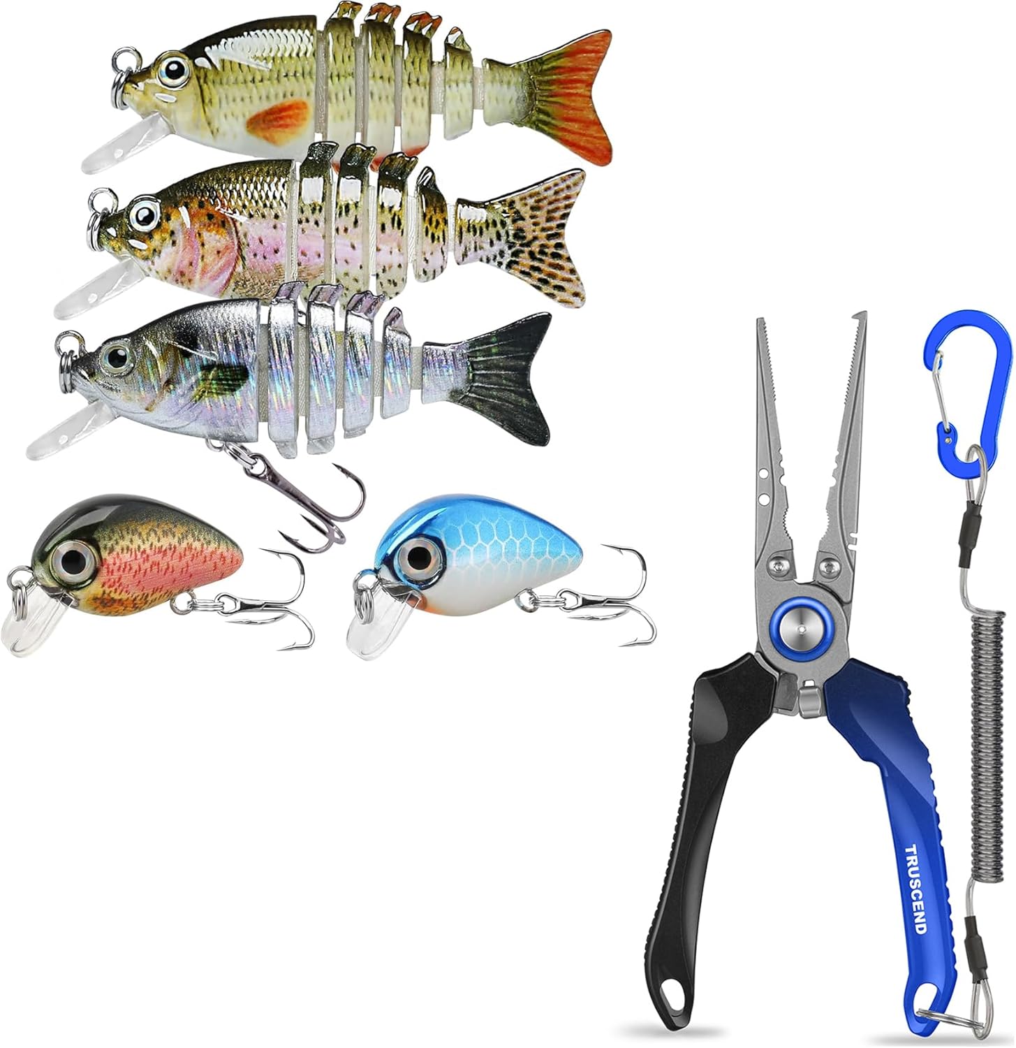TRUSCEND Fishing Lures for Freshwater and Saltwater, Lifelike Swimbait for Bass Trout Crappie Walleye Pike, Lockable Handy Fishing Pliers with Ergonomic Handle, Family Fishing Gear Plugs