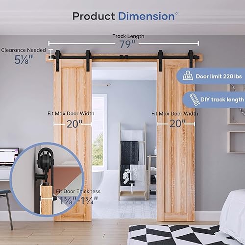 Miniatura 6 de EaseLife Kit de Rieles de Hardware para Puerta Corredera de Granero de Doble Puerta de 6.6 Pies, Polea J Básica, Resistente, Se Desliza Suave y