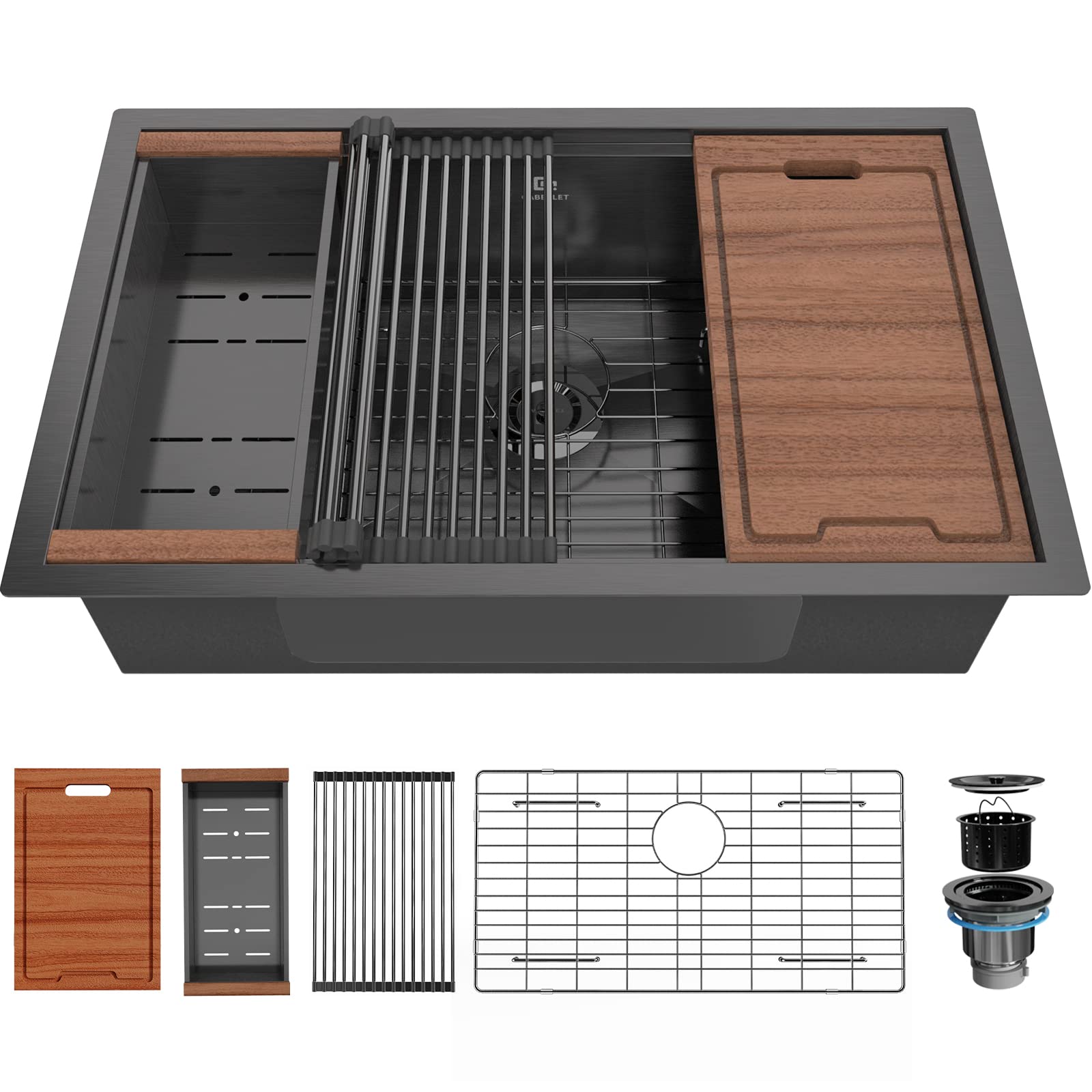 Photo 1 of 30-inch Undermount Workstation Kitchen Sink, GABETLET 16 Gauge Stainless Steel Kitchen Sink with Nano Coating & Brushed Finish, Matte Black Single Bowl Deep Kitchen Sink with Ledge and Accessories 30 x 19 x 9 Inch Matte Black