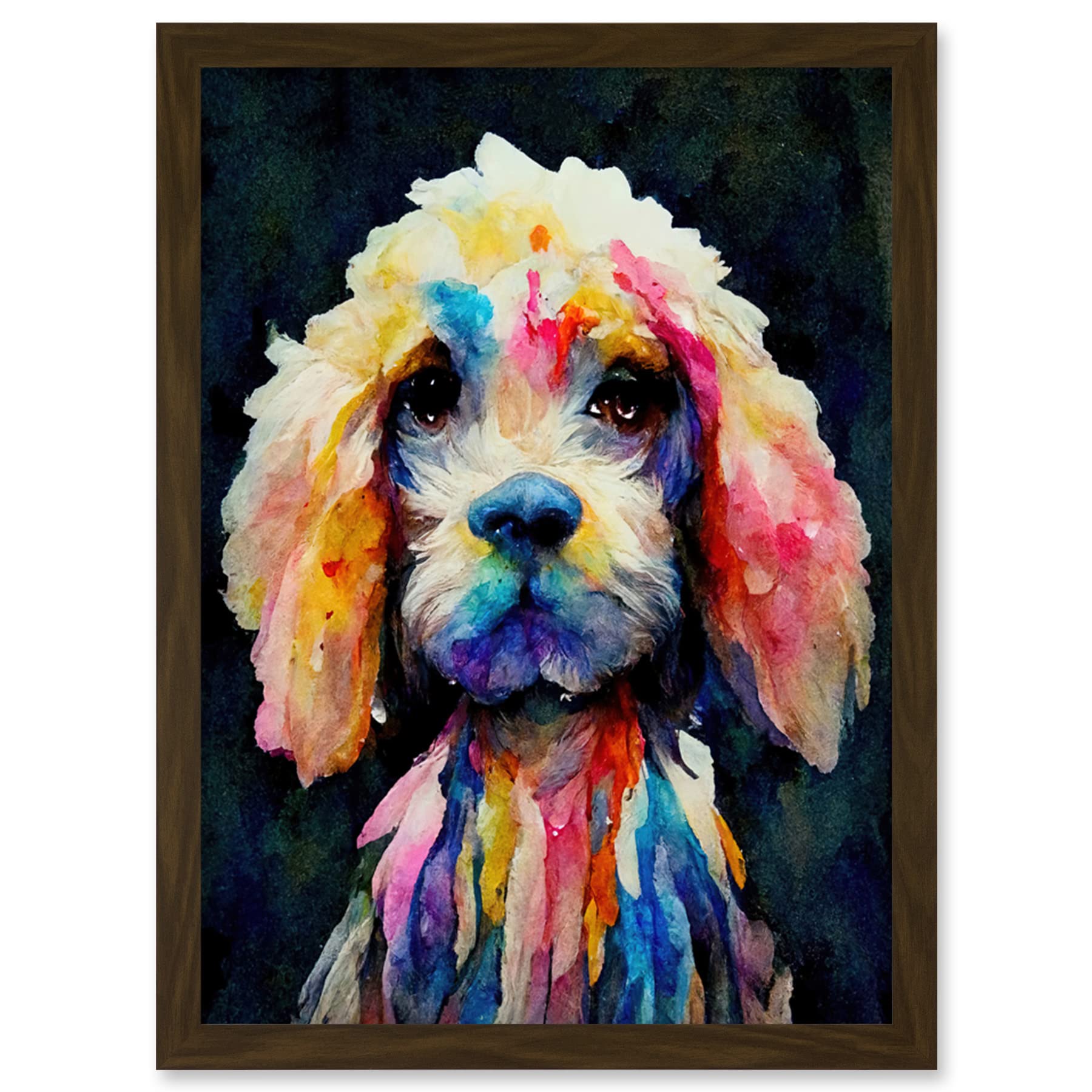 Wee Blue Coo Bright Abstract Colourful Dog Spaniel Cavapoo Cockapoo Artwork Framed Wall Art Print A4