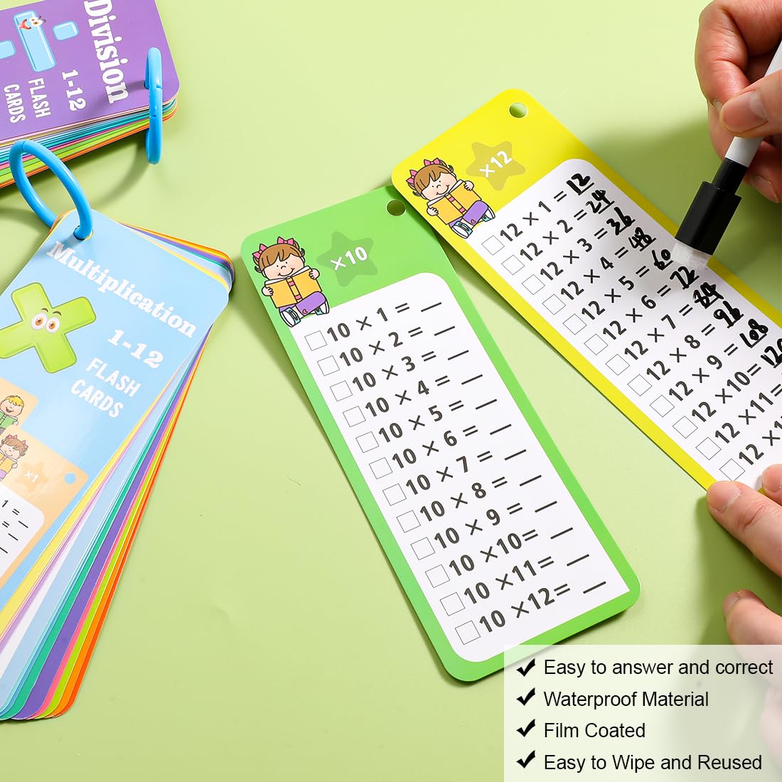 Multiplication and Division Flash Cards 30Pcs 1-12 Math Times Table Flashcards with 4 Dry Erase Pens 2 Rings for 1st to 3rd Grades Classroom Home - Image 4