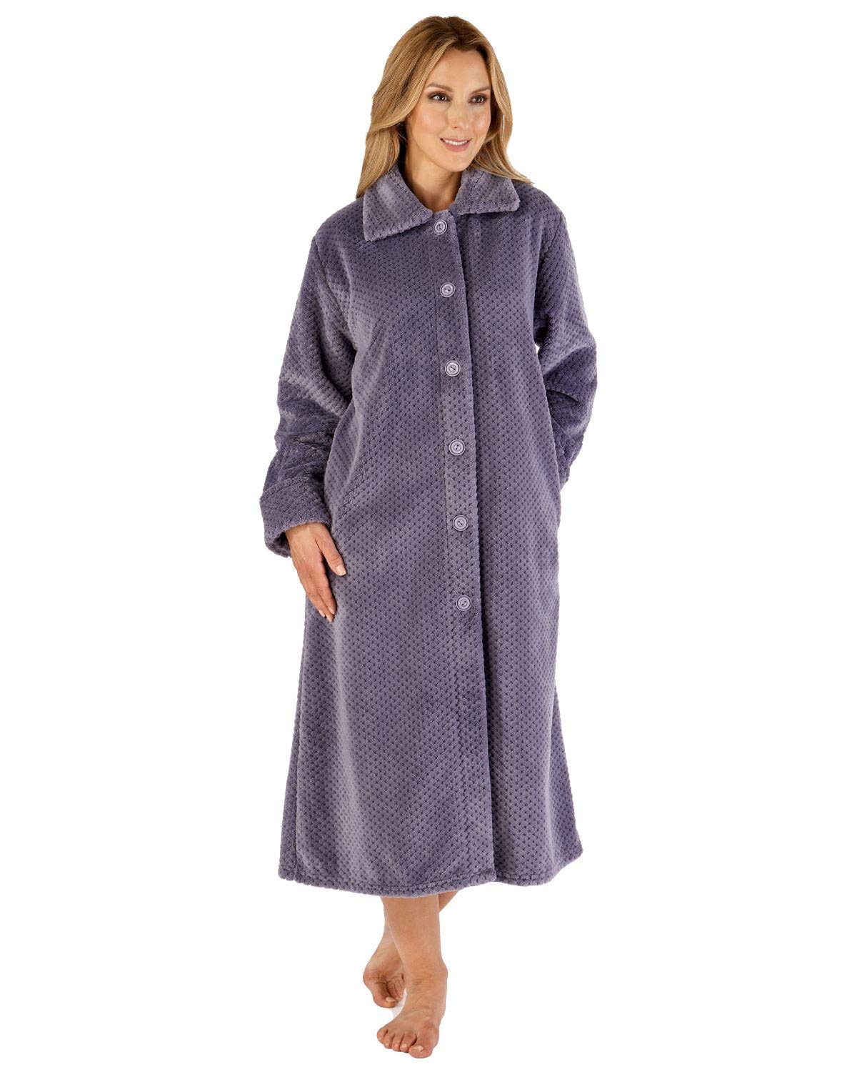 Slenderella Ladies Button Up Dressing Gown Super Soft Waffle Fleece Bath Robe Large (Grey)
