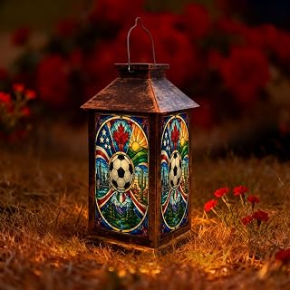 Solar Lantern Outdoor Waterproof Colorful Stained Glass Style 2026 Soccer Artwork Hanging Solar Lights for Patio Garden Yard, Camping Decor Gifts for Scooer Lovers, Outdoor Independence Day Decor