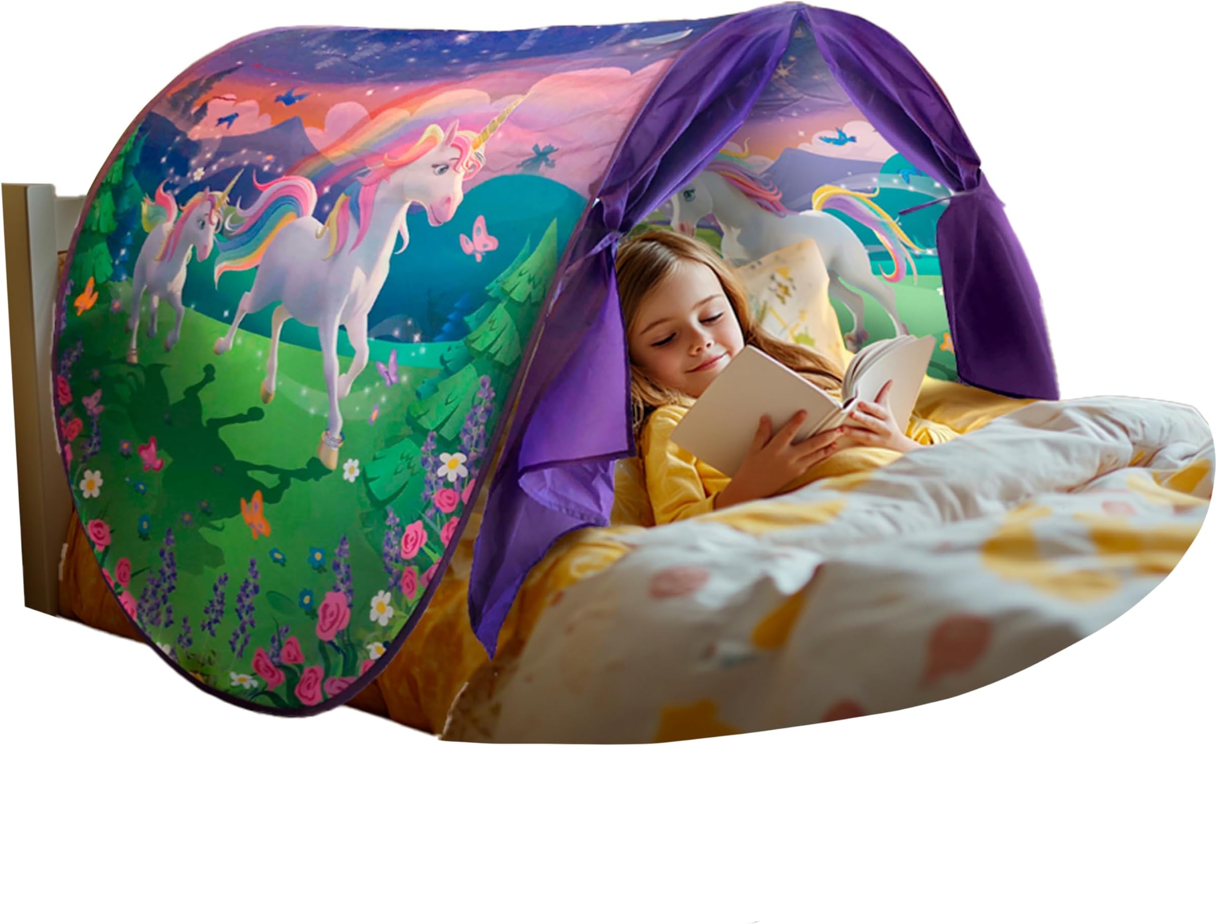 Unicorn Themed Toddlers Canopy Tent for Bed | Magical Glow-in-the-Dark Elements & Friendship Affirmations | Cozy Kids Bed Tent Twin for Bedtime Reading Nook & Imaginative Play