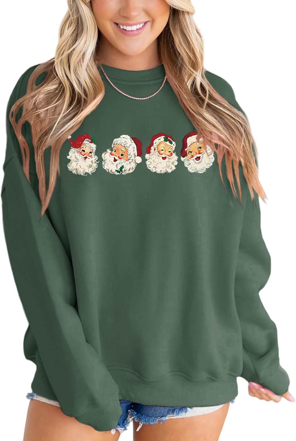 MAPICK Retro Santa Sweatshirt for Women Vintage Christmas Fleece Linend Sweaters Crewneck Oversized Long Sleeve Tops