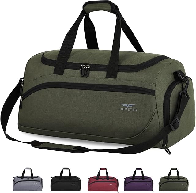 FIORETTO 35L Mens Sports Gym Bag with Wet Pocket & Shoe Compartment,Travel Duffle Bag Overnight Bag with Padded Shoulder Strap, Water-Resistant Sports Holdall for Swimming, Basketball Army Green