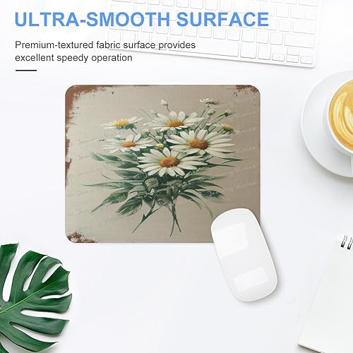 Miniatura 3 de Alfombrilla de escritorio antideslizante, alfombrilla de mouse retro con margaritas blancas para juegos, mouse inalámbrico para computadora,